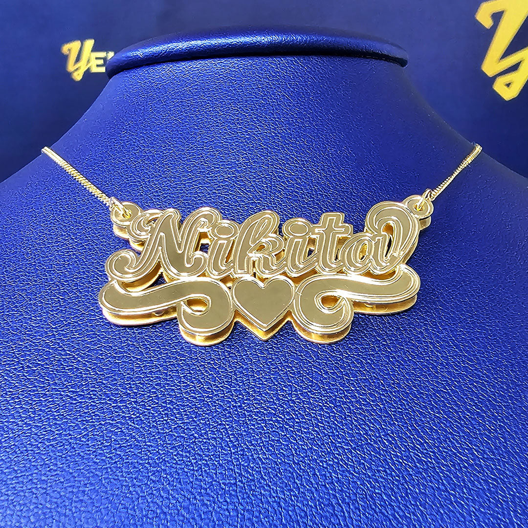 Personalized Cursive Double Name Plate Pendant with Heart Underline