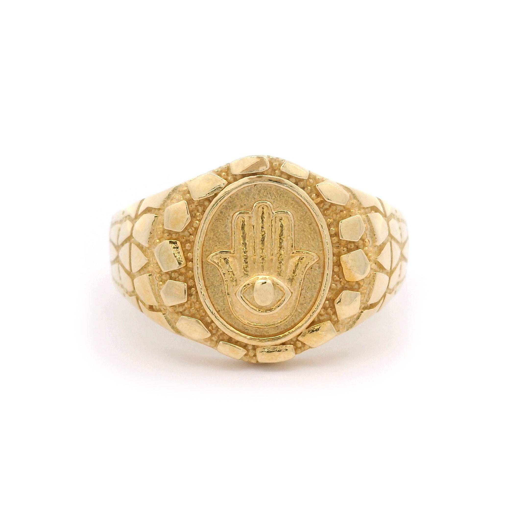 Nugget & Hamsa Hand with Evil Eye Ring in Solid 14kt Yellow Gold