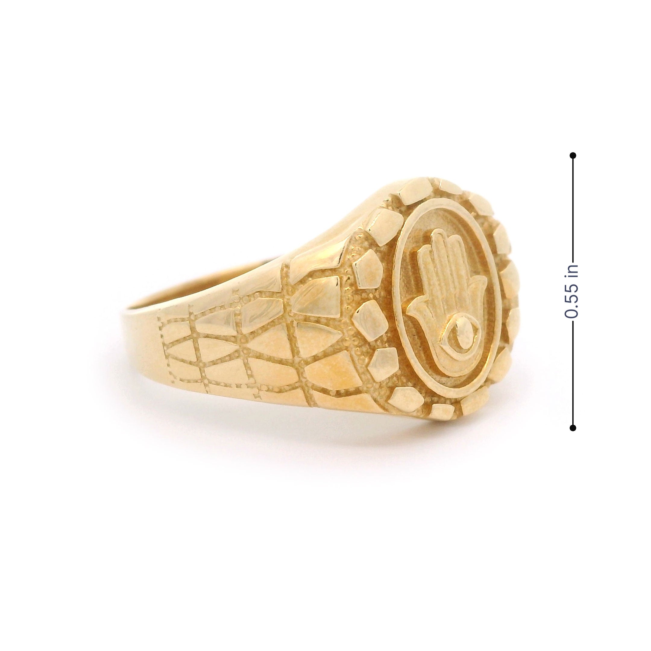 Nugget & Hamsa Hand with Evil Eye Ring in Solid 14kt Yellow Gold Height 0.55 inch