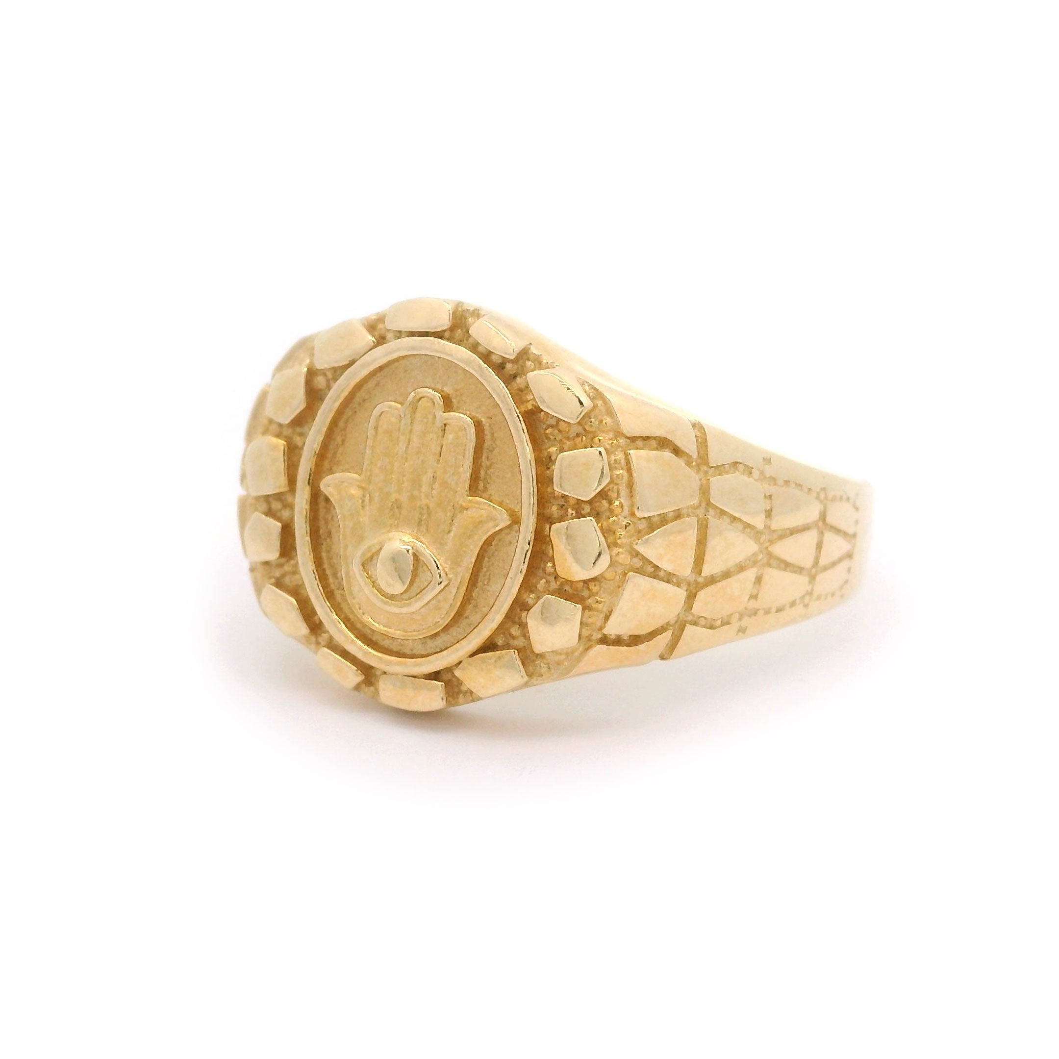 Nugget & Hamsa Hand with Evil Eye Ring in Solid 14kt Yellow Gold Side