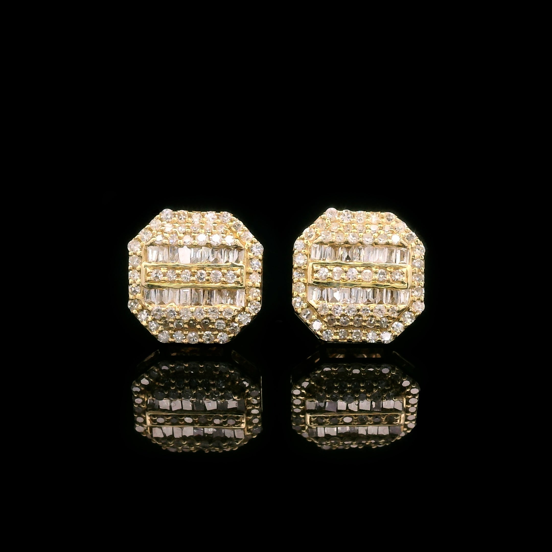 Baguette & Round Diamond Octagon Screw Back Earrings 10k Yellow Gold 0.55ctw