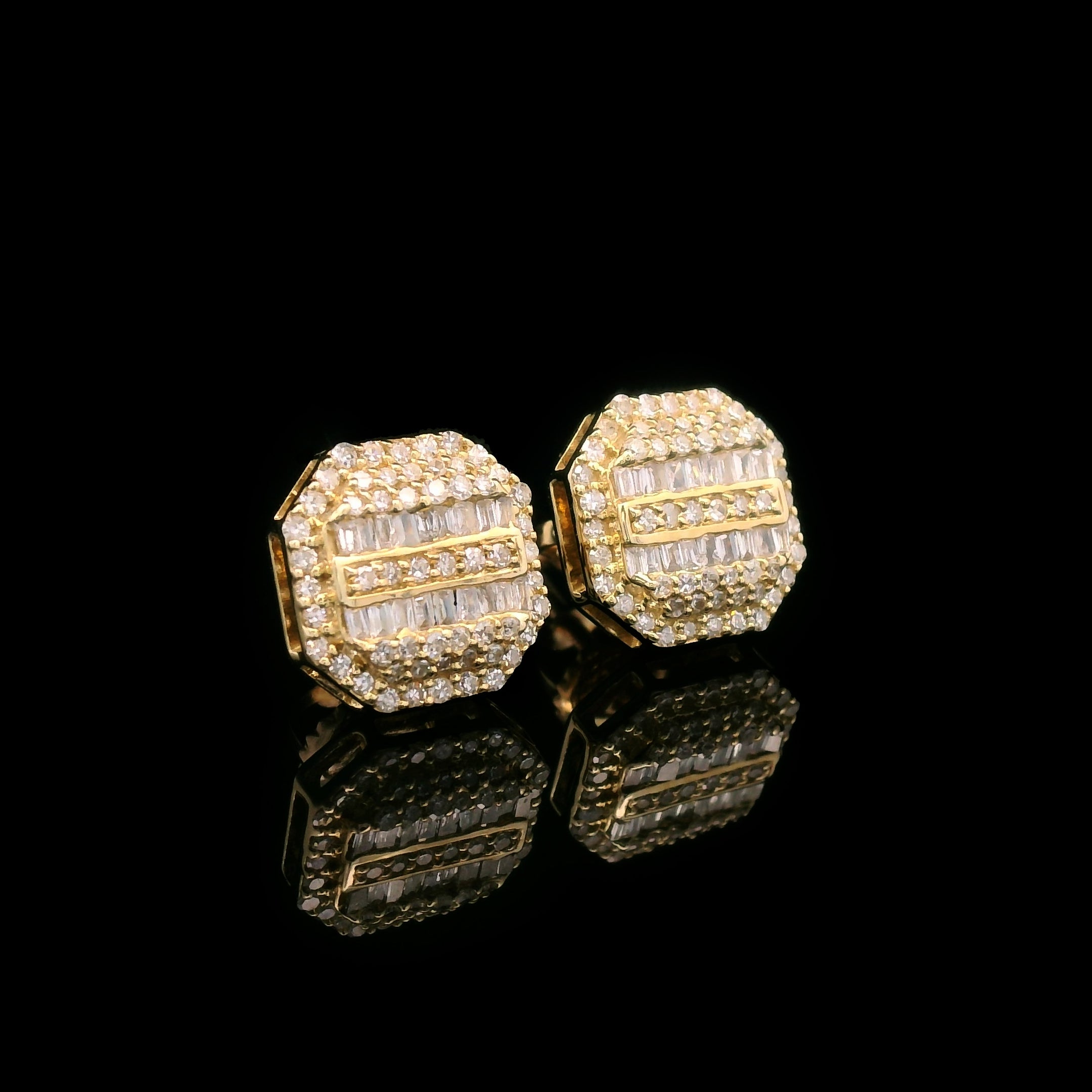 Baguette & Round Diamond Octagon Screw Back Earrings 10k Yellow Gold 0.55ctw Side