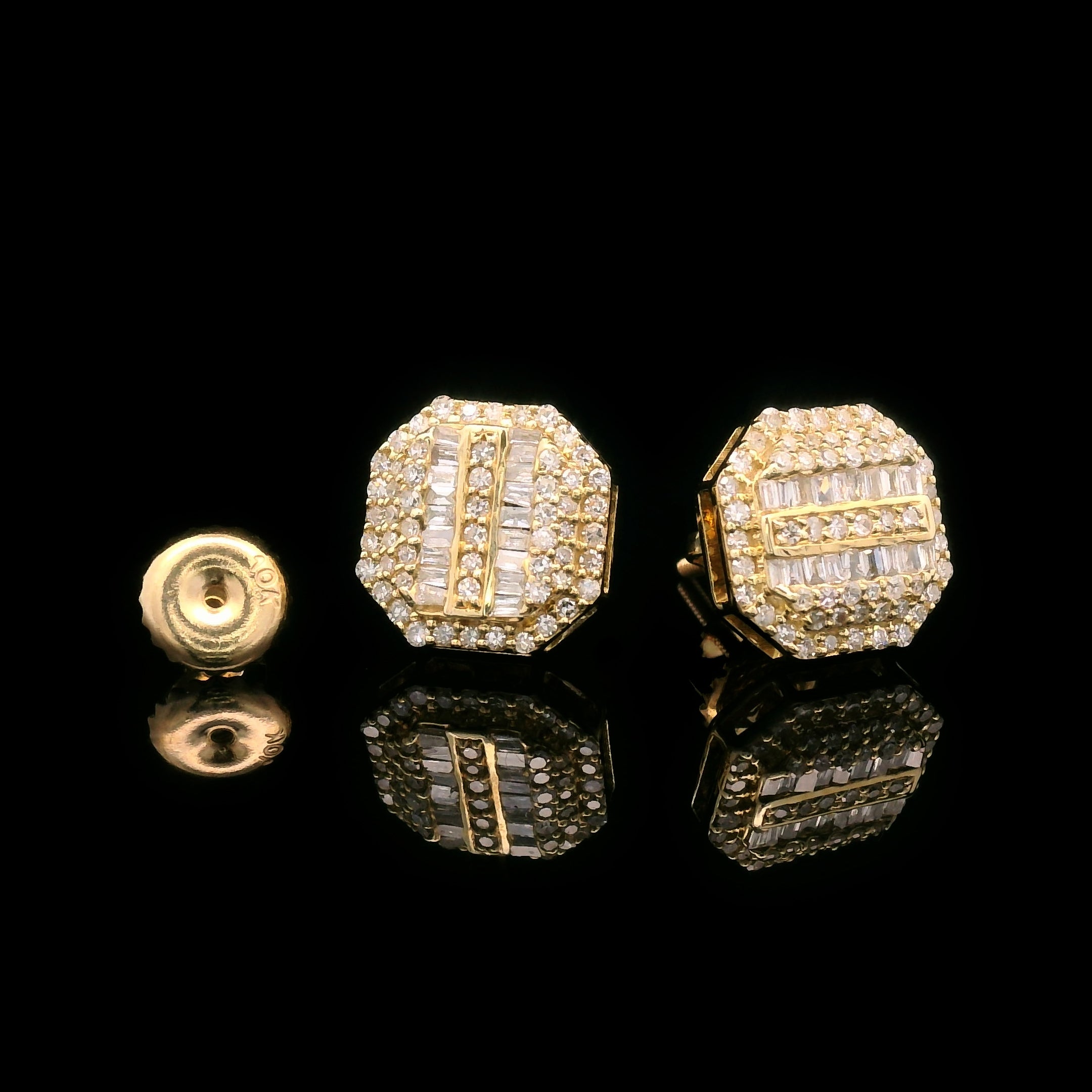 Baguette & Round Diamond Octagon Screw Back Earrings 10k Yellow Gold 0.55ctw Opened