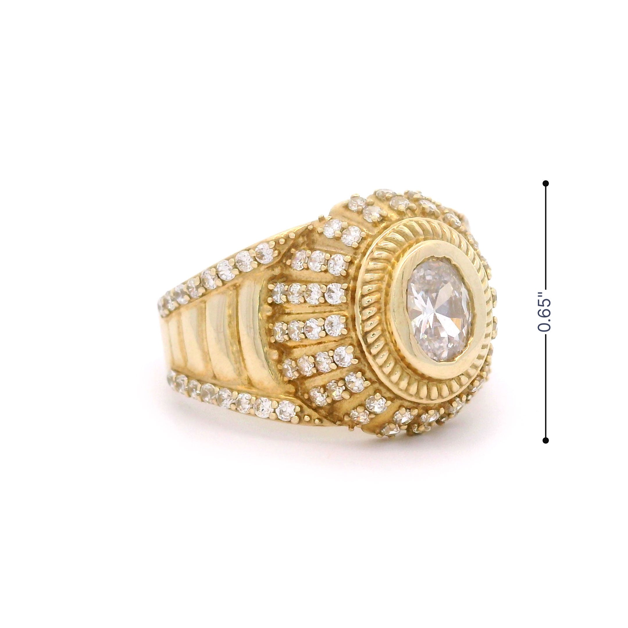 Oval gold ring with a central stone and smaller stones on a white background size