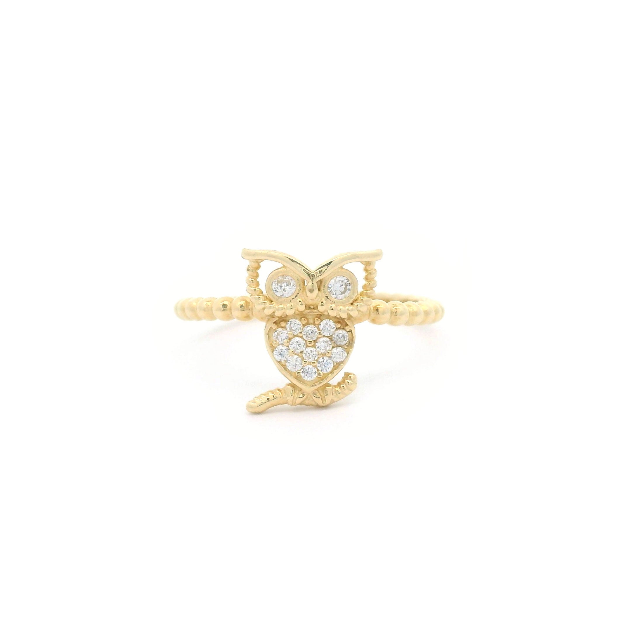 14k CZ Owl & Bead Ring