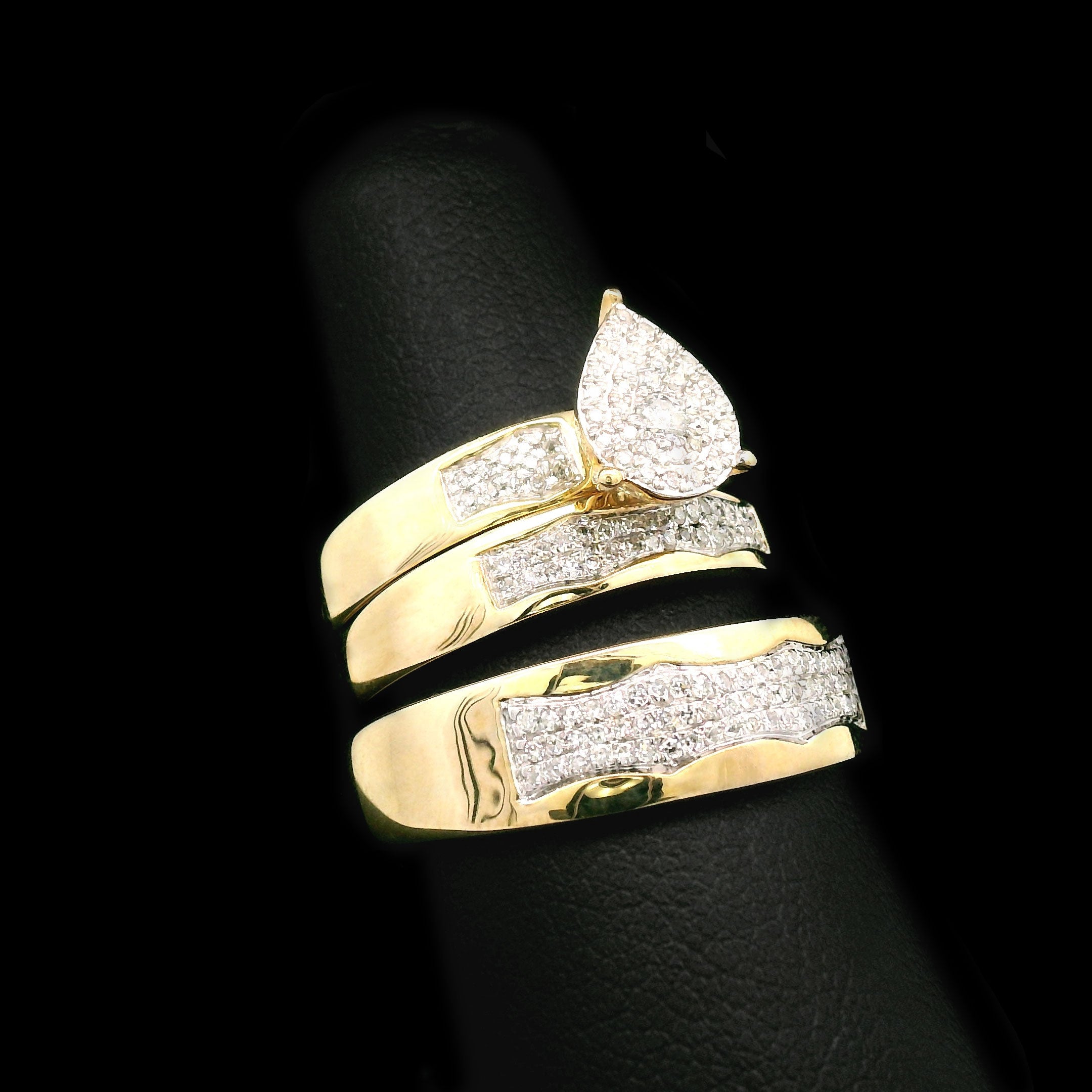 Diamond Pear Cluster Trio Wedding Set 10k Yellow Gold left side