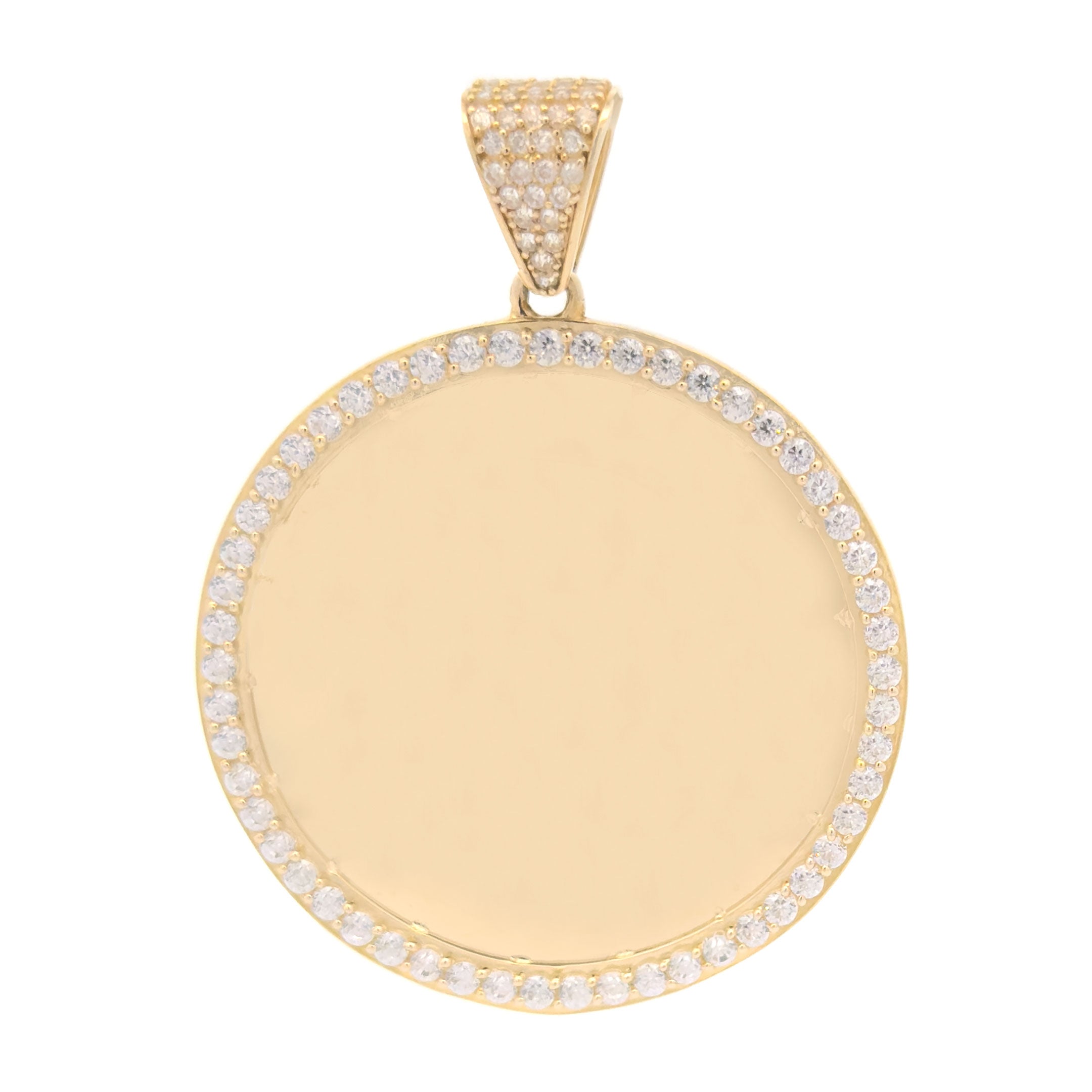 10k Yellow Gold Custom Round Picture Pendant with CZ Border and 1.7" Diameter