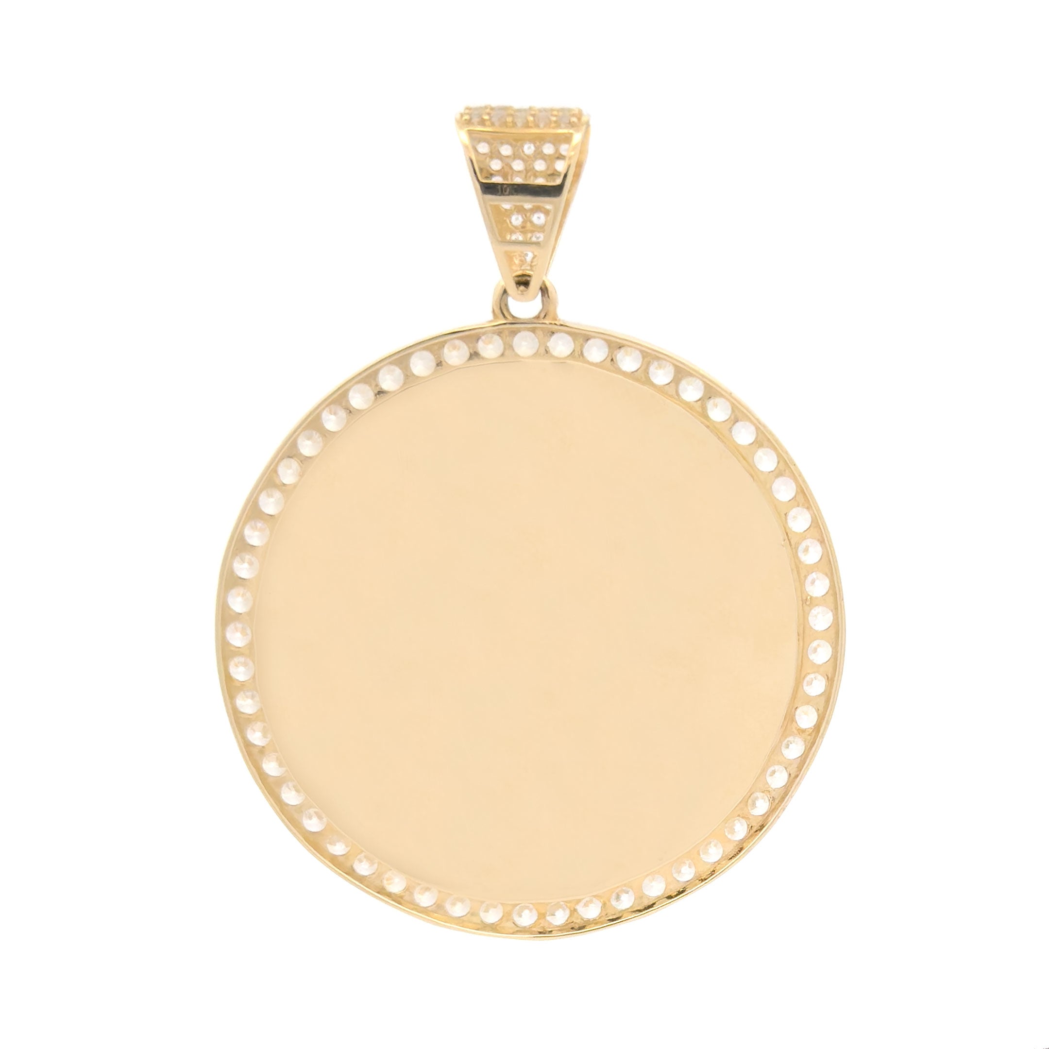 10k Yellow Gold Custom Round Picture Pendant with CZ Border and 1.7" Diameter back