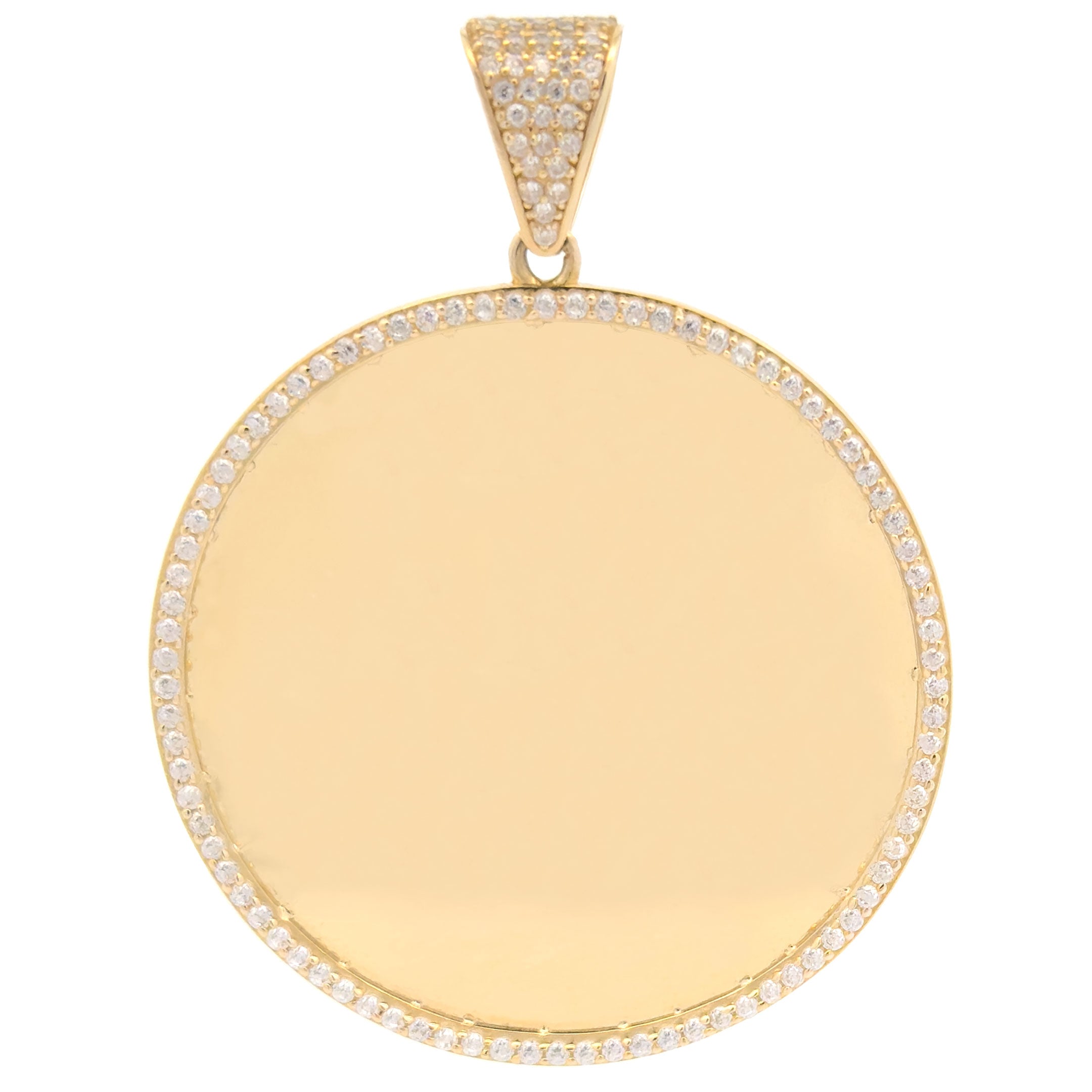 10k Yellow Gold Round Medallion Pendant with CZ Border 1.9 inches in Diameter