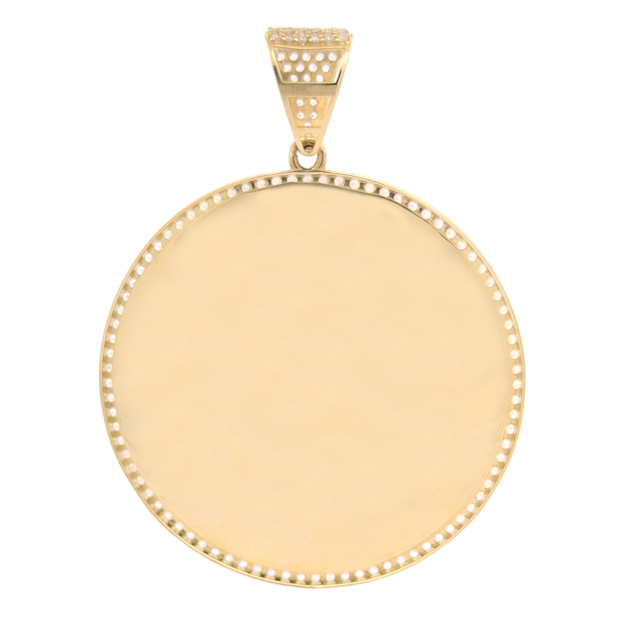 10k Yellow Gold Round Medallion Pendant with CZ Border 1.9 inches in Diameter back