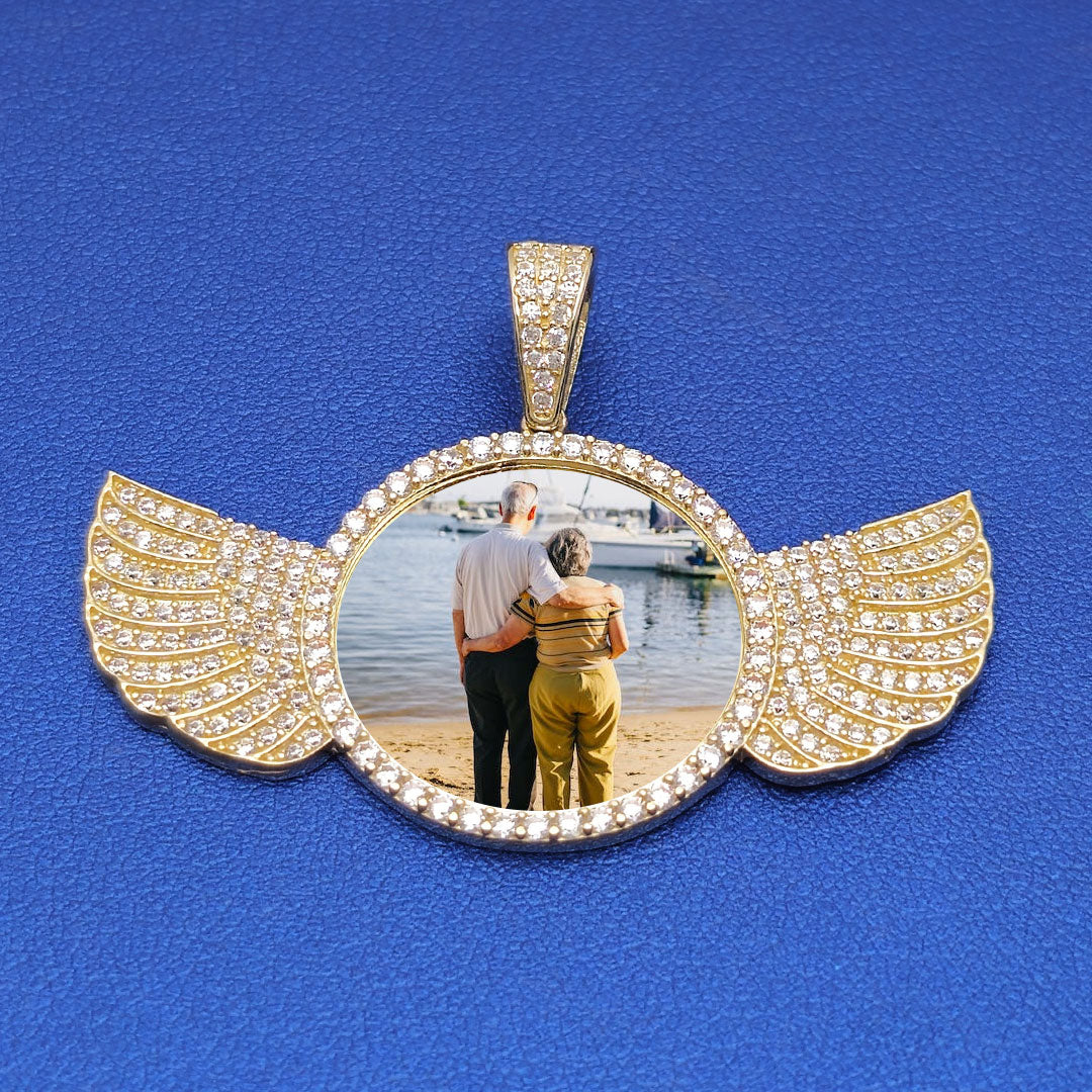 10k CZ Custom Round Angel Wings Picture Pendant