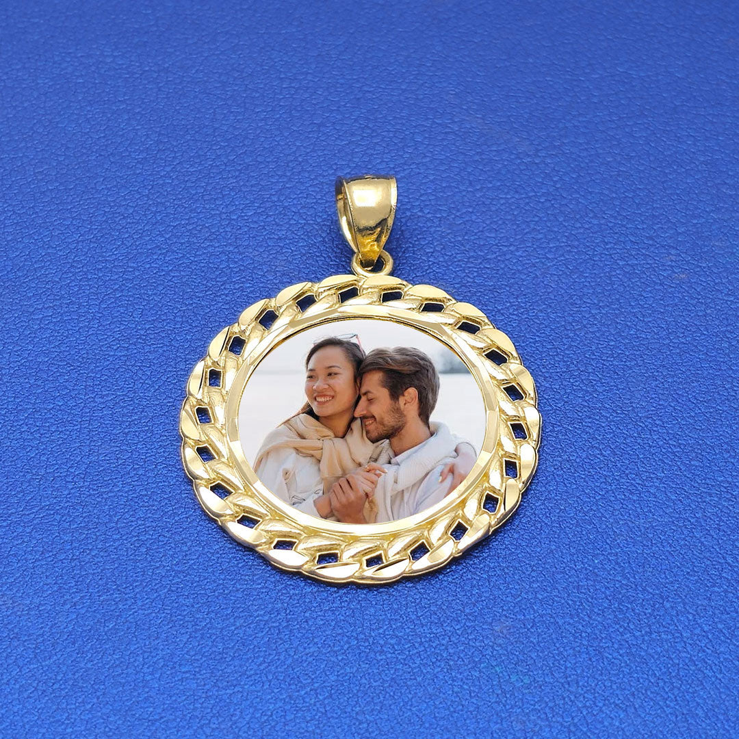 10k Custom Round Picture Pendant with Cuban Link Border M Sample Couples Photo