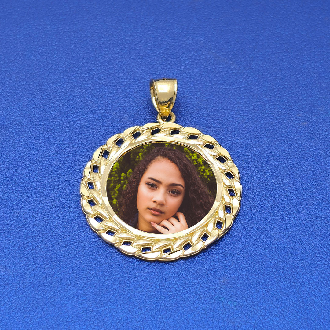 10k Custom Round Picture Pendant with Cuban Link Border M Sample Photo of Woman