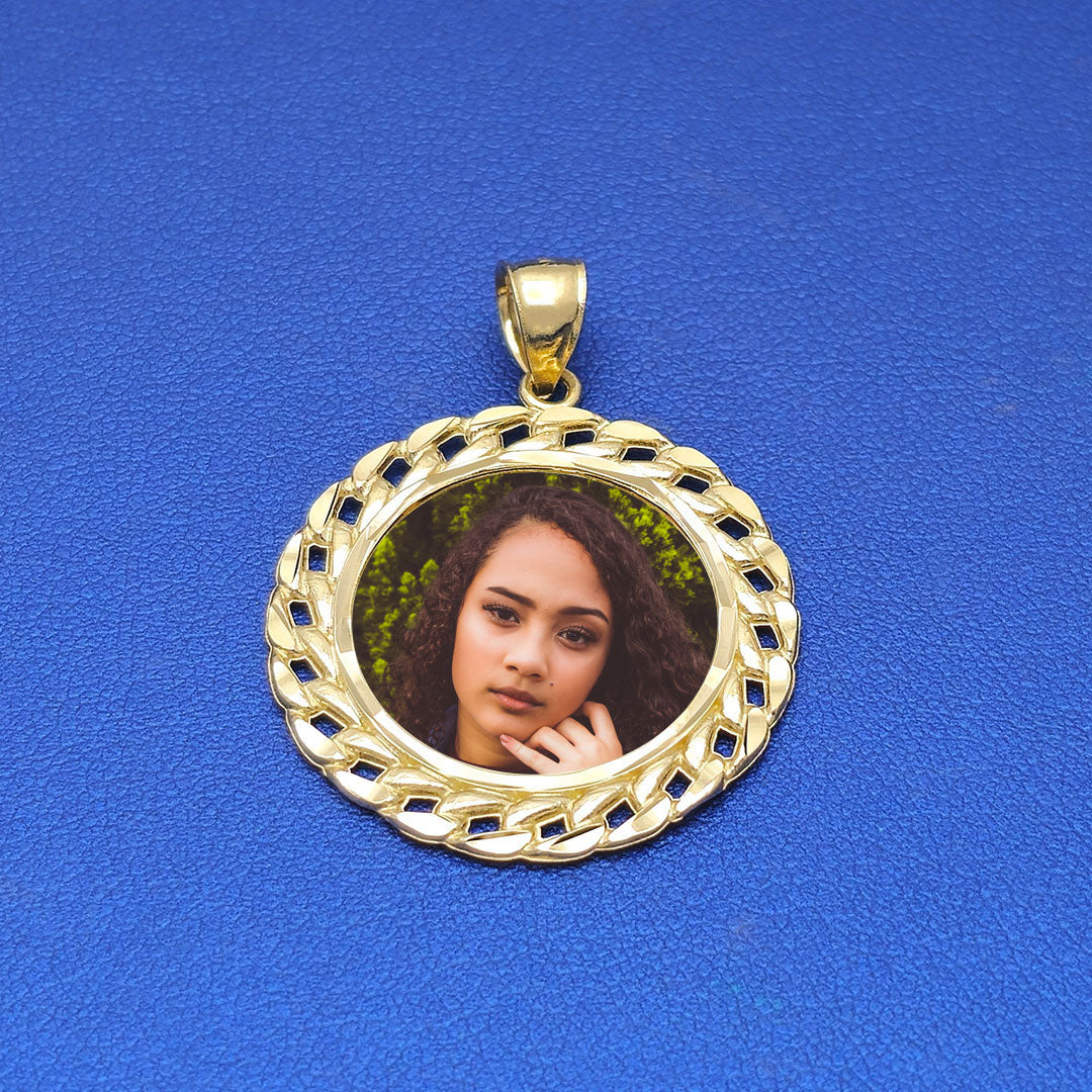 10k Custom Round Picture Pendant with Cuban Link Border M Sample Photo of Woman