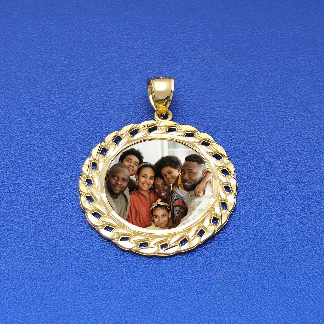 10k Custom Round Picture Pendant with Cuban Link Border M Sample Family Photo