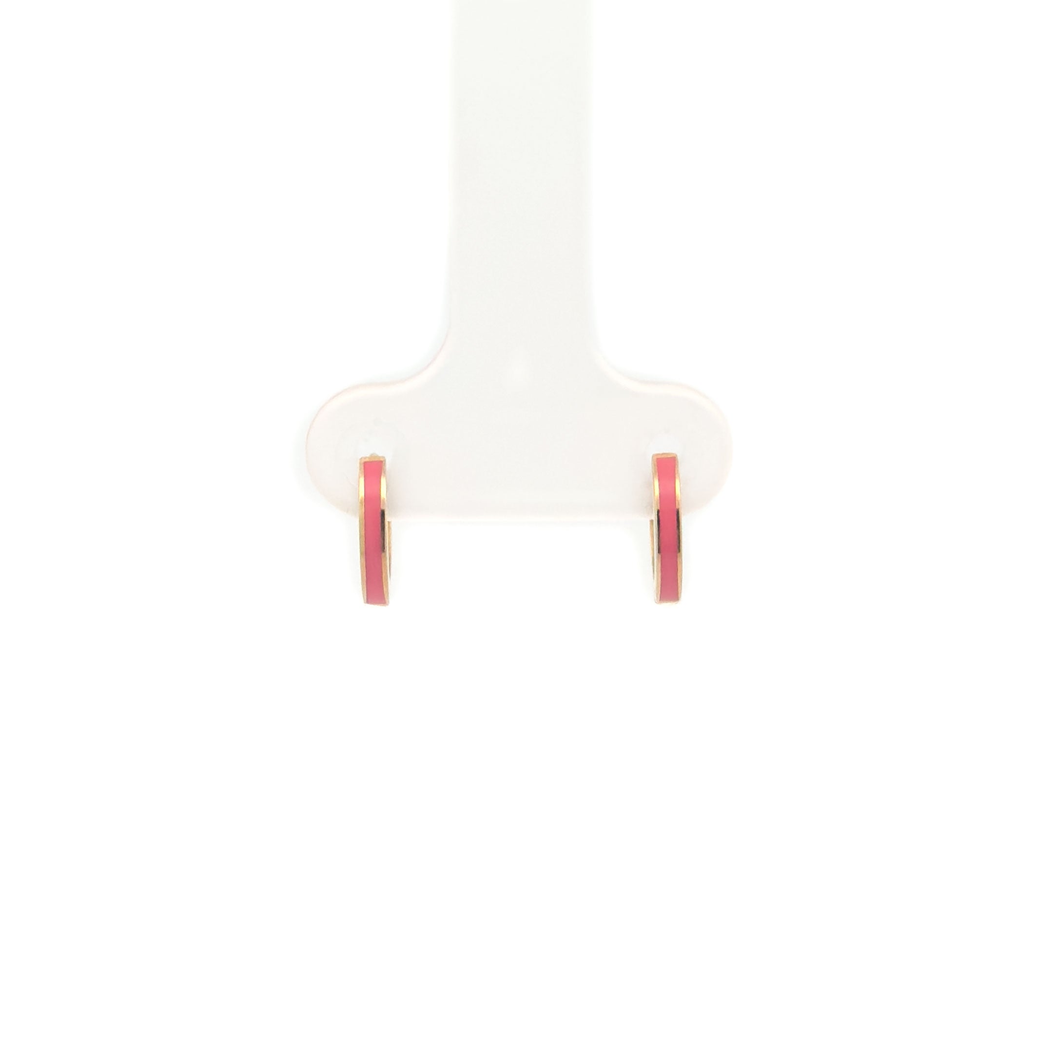 14k Yellow Gold Mini Pink Enamel Huggie Hoop Earrings 6mm front