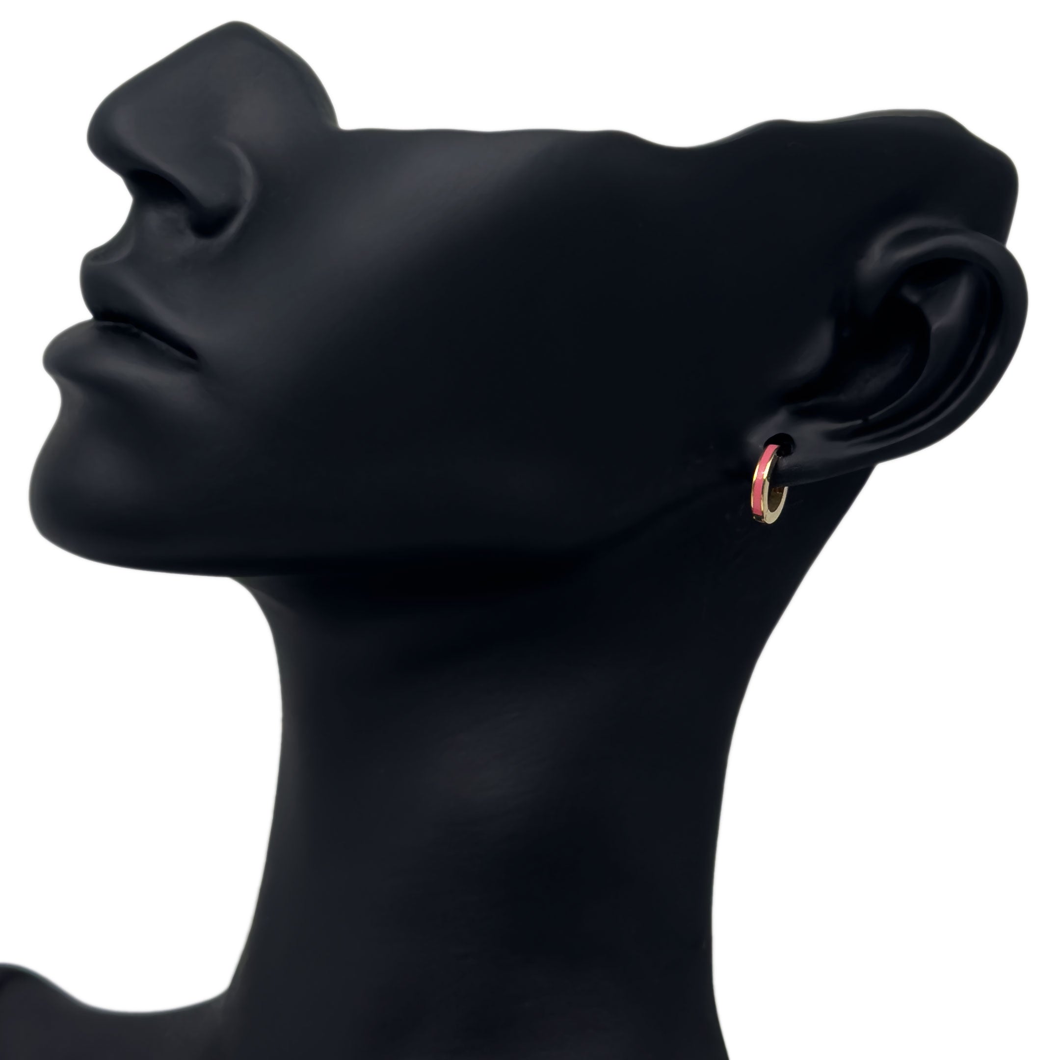 14k Yellow Gold Mini Pink Enamel Huggie Hoop Earrings 6mm side on black mannequin