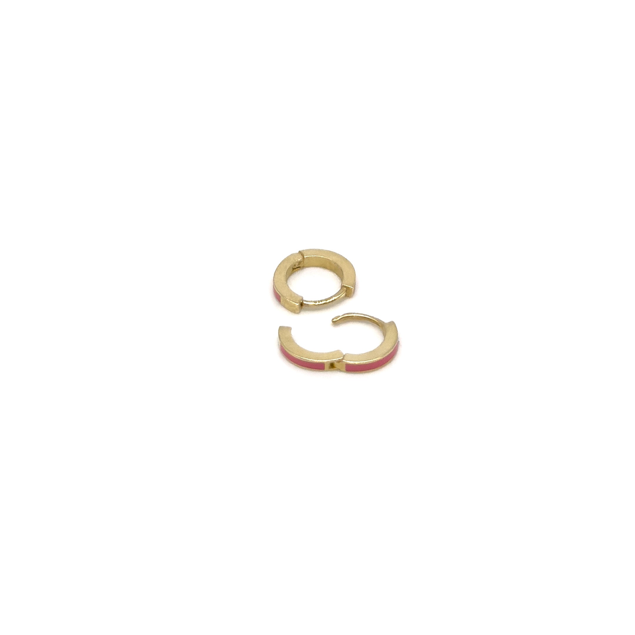 14k Yellow Gold Mini Pink Enamel Huggie Hoop Earrings 6mm opened