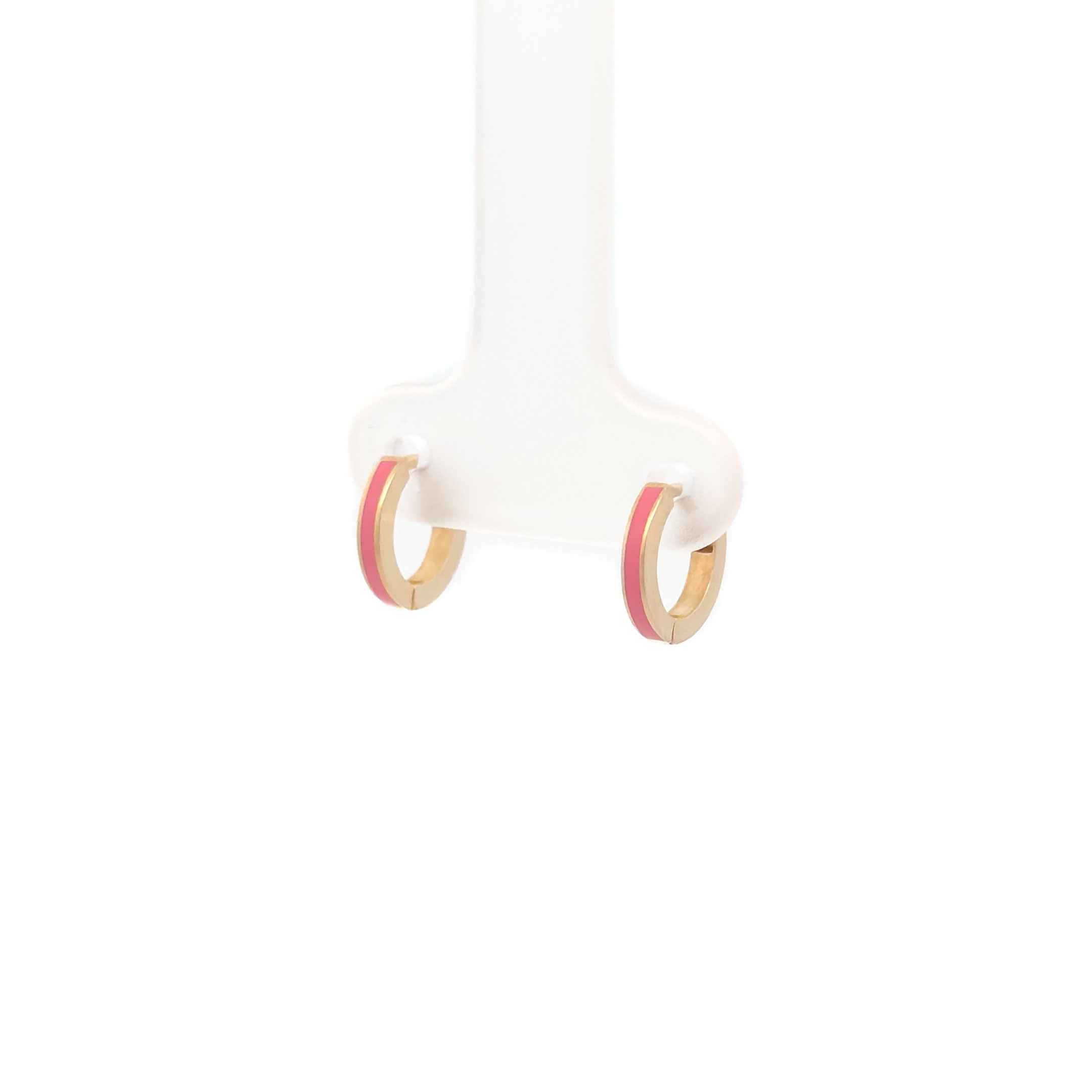 14k Yellow Gold Mini Pink Enamel Huggie Hoop Earrings 6mm side