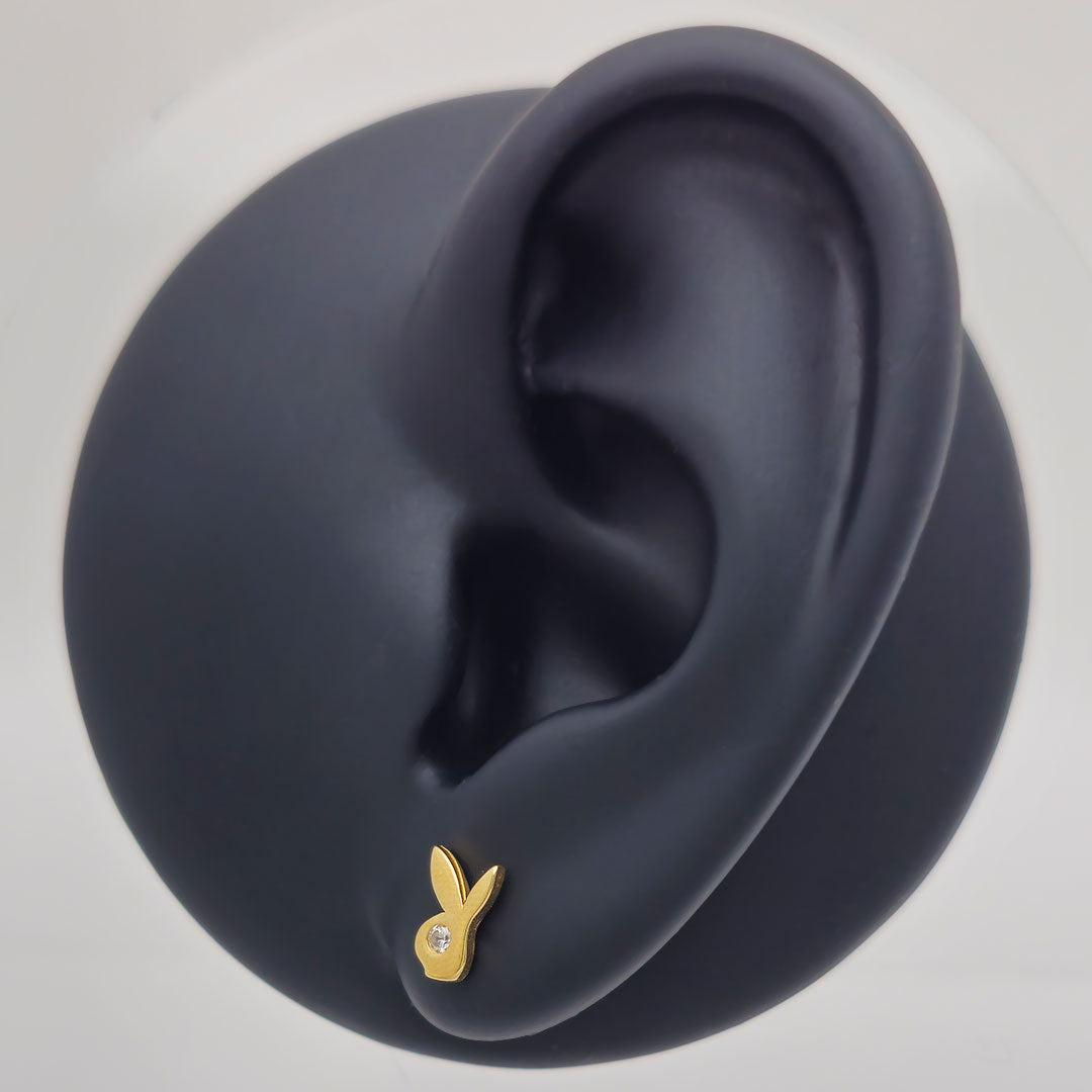14k CZ Bunny Stud Earrings on Ear Display