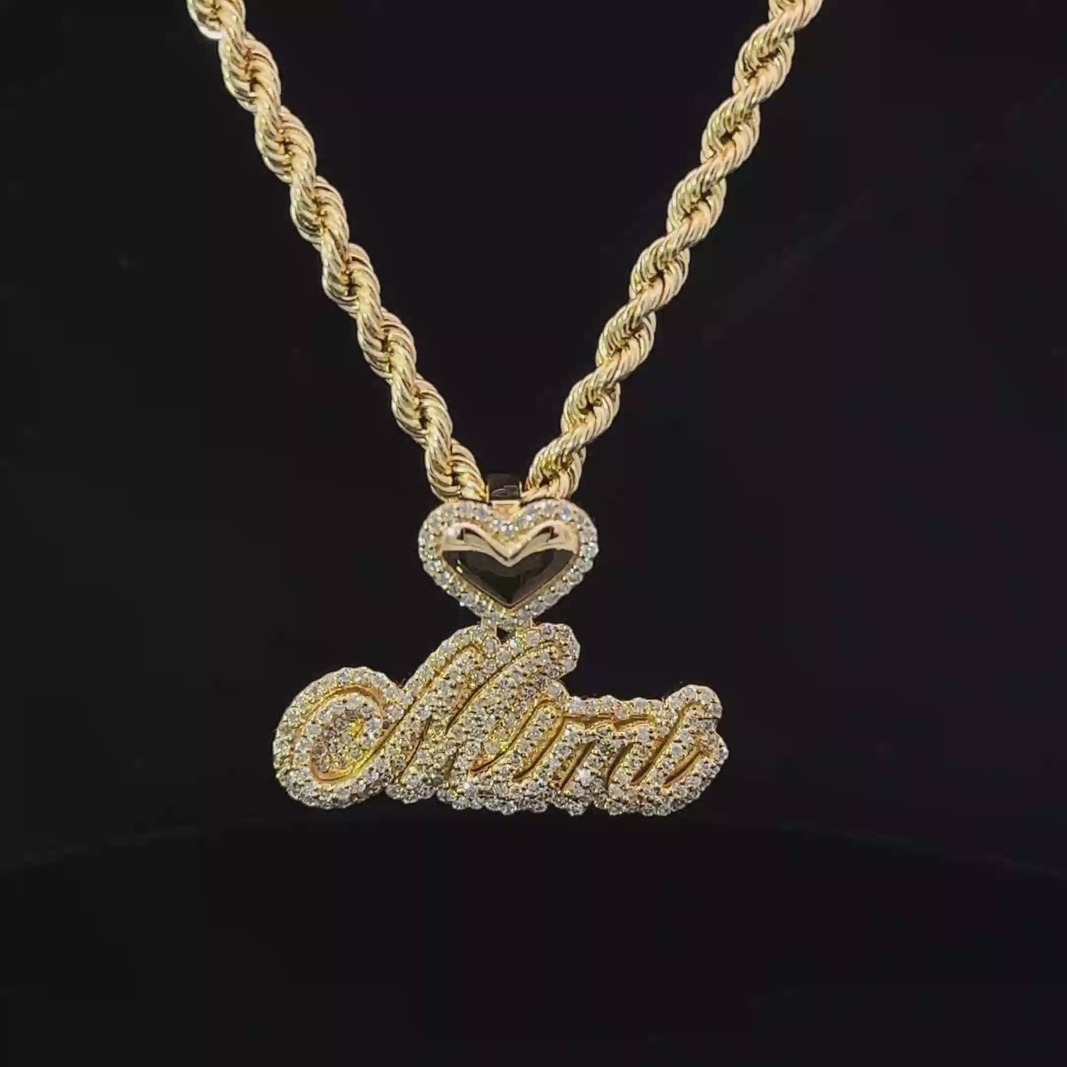 Custom Diamond Heart Outline & Cursive Personalized Name Pendant - 