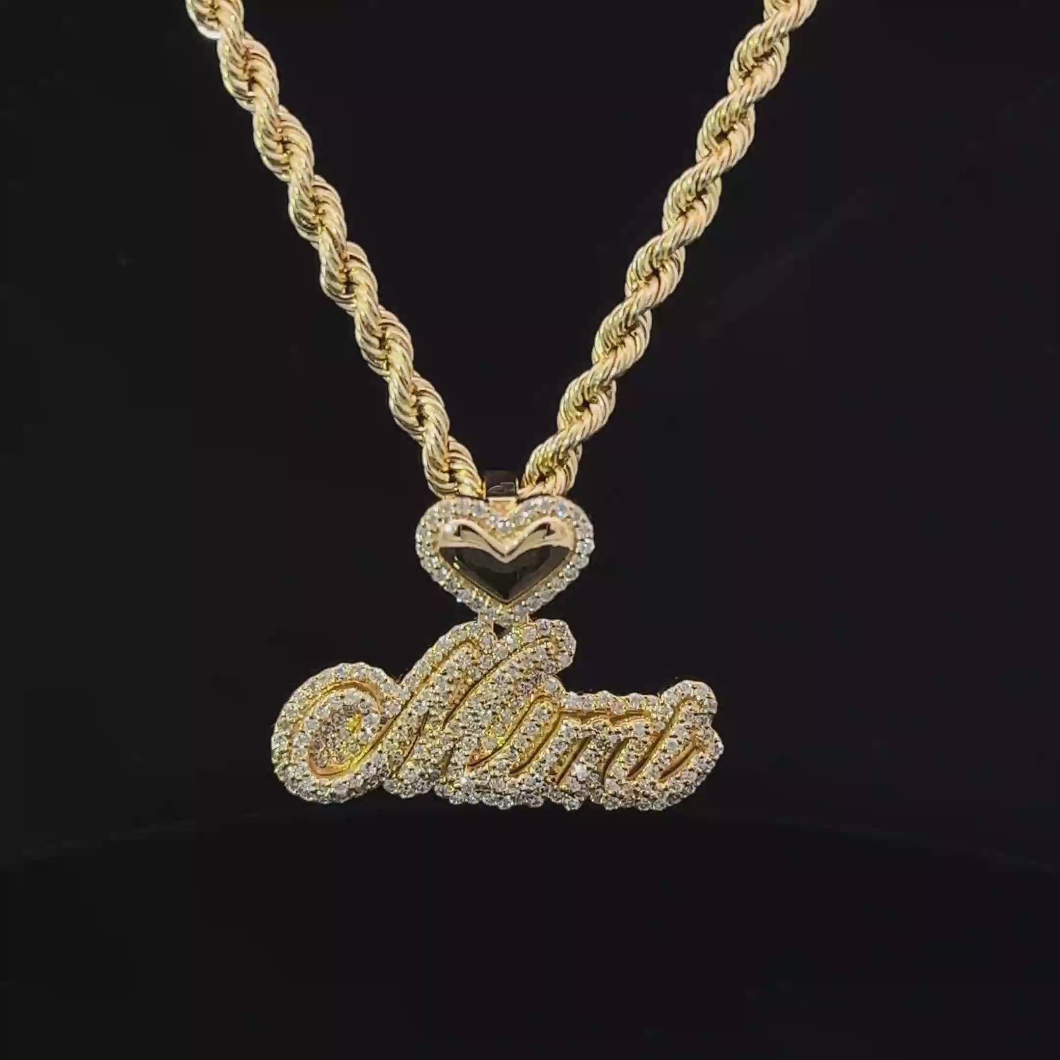 Custom Diamond Heart Outline & Cursive Personalized Name Pendant - "Mimi" Style