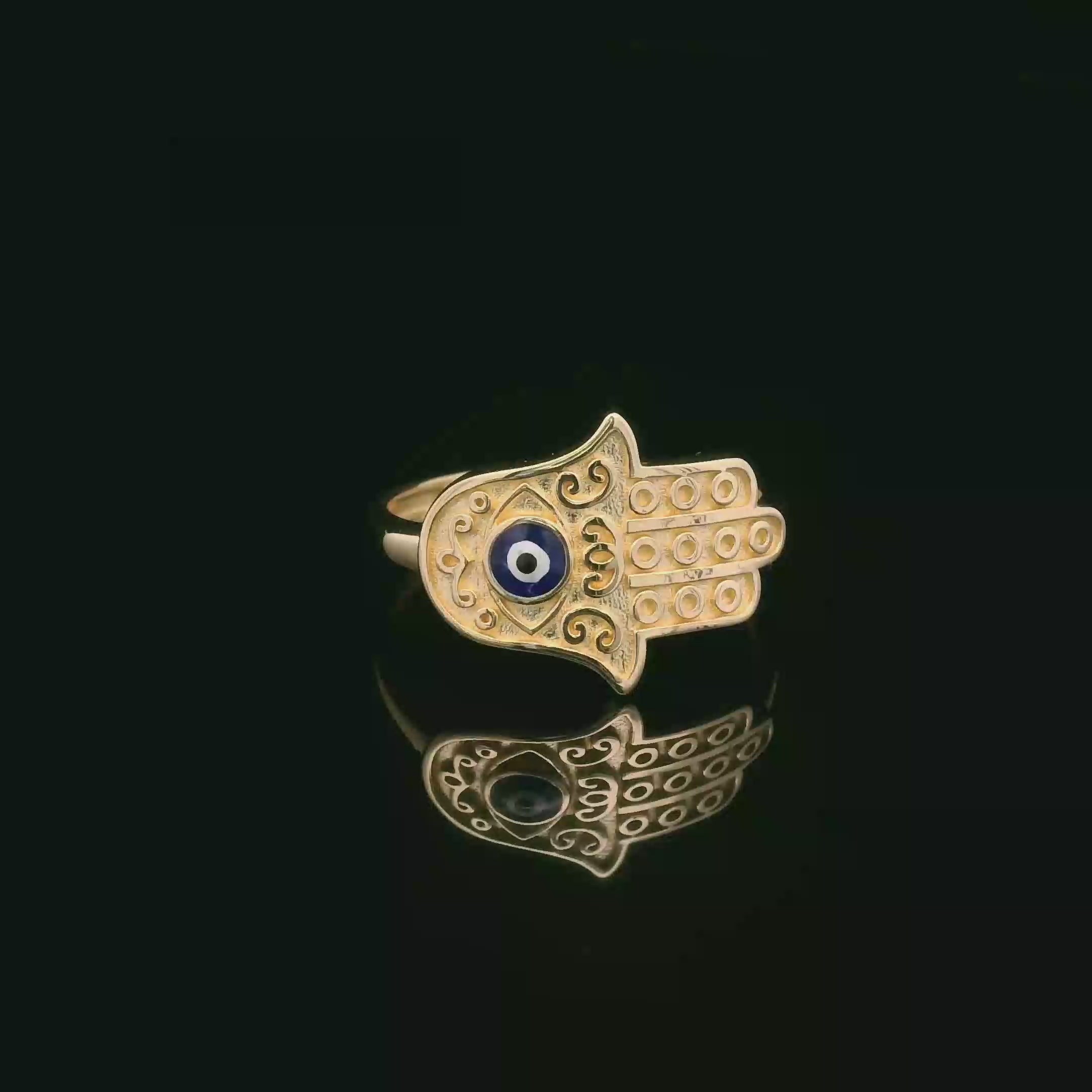 14k Hamsa Hand & Blue Enamel Evil Eye Ring