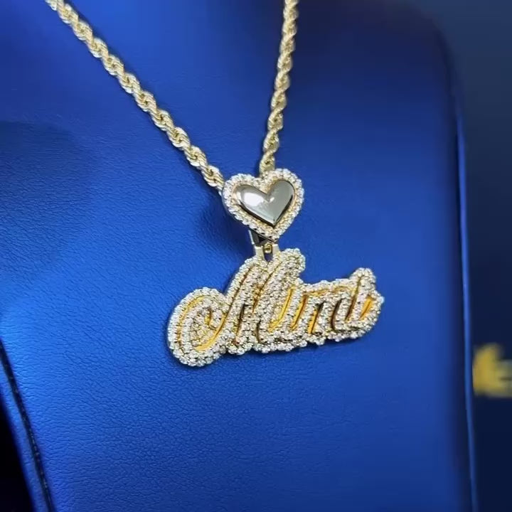 Custom Diamond Heart Outline & Cursive Personalized Name Pendant - "Mimi" Style