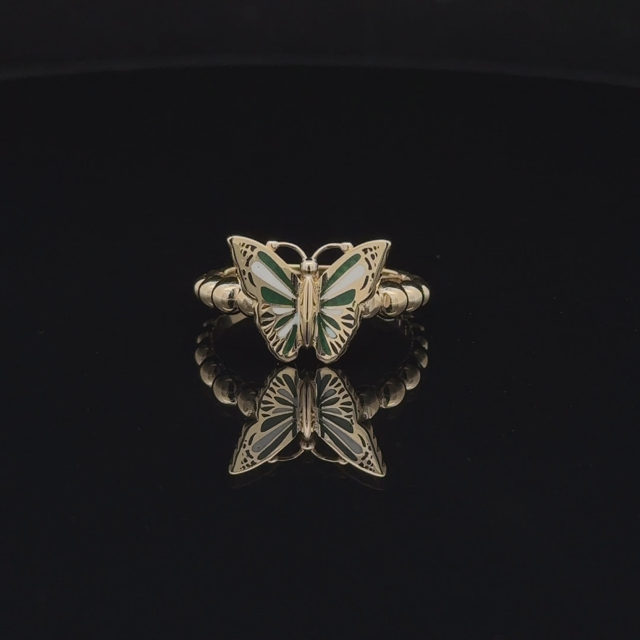 14k Green, White & Black Enamel Butterfly Ring