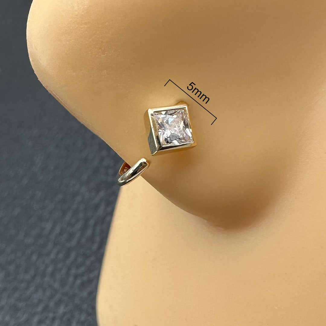 14k CZ Princess Cut Bezel Nose Hoop 18G