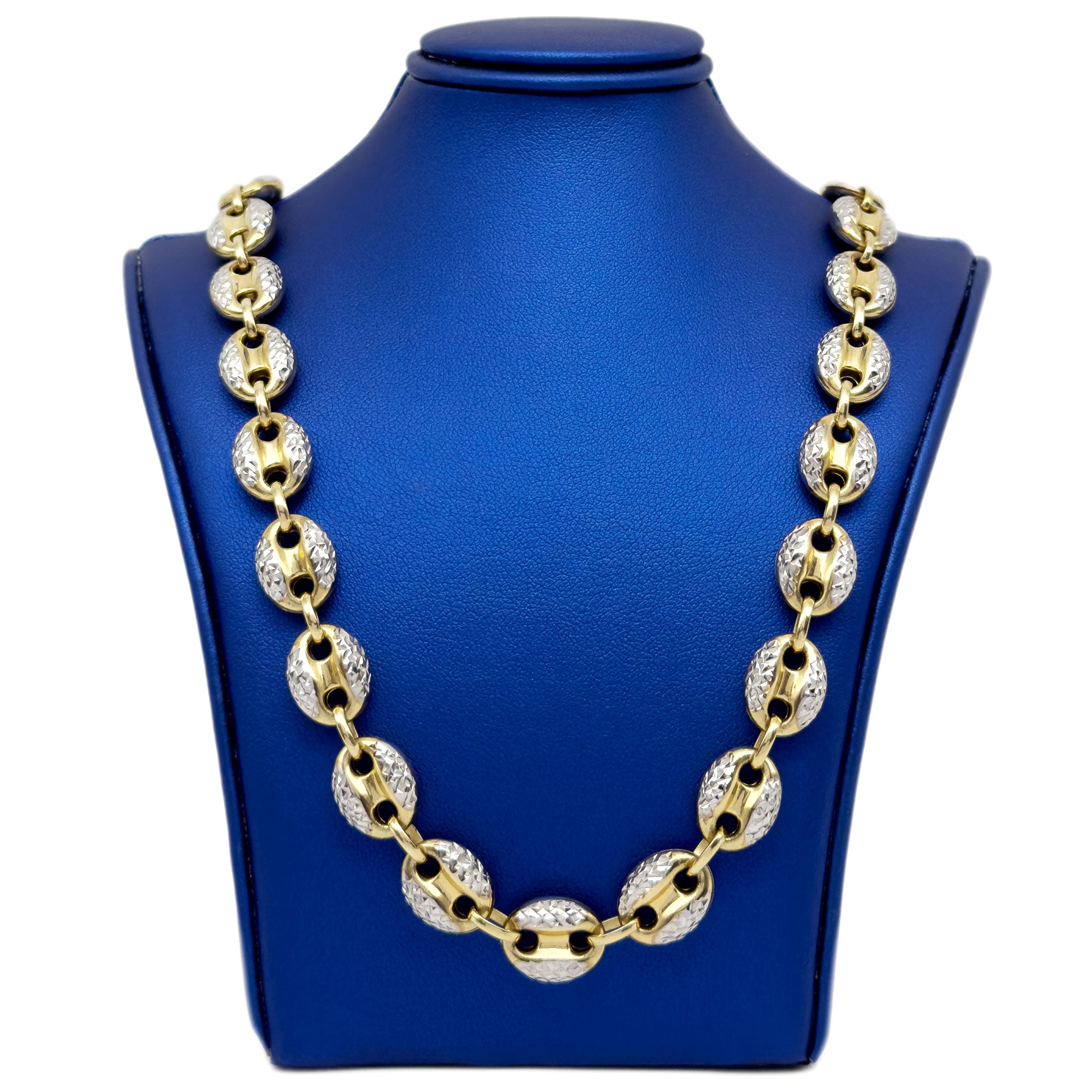11mm 10k Two-tone Gold Mariner Puff Chain with Diamond Cuts on a Blue Neck Display