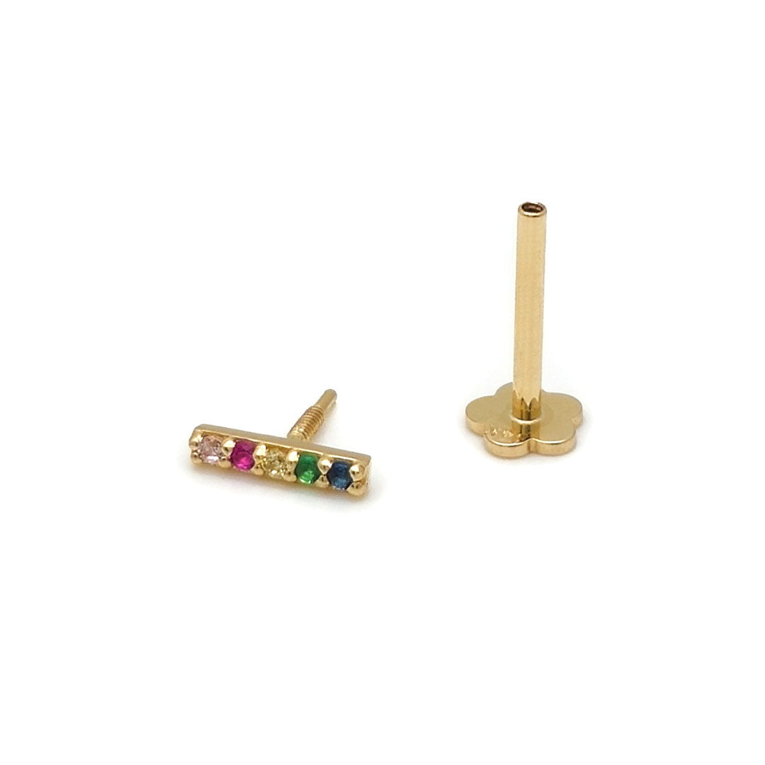 14k CZ Rainbow Bar Internal Threaded Stud