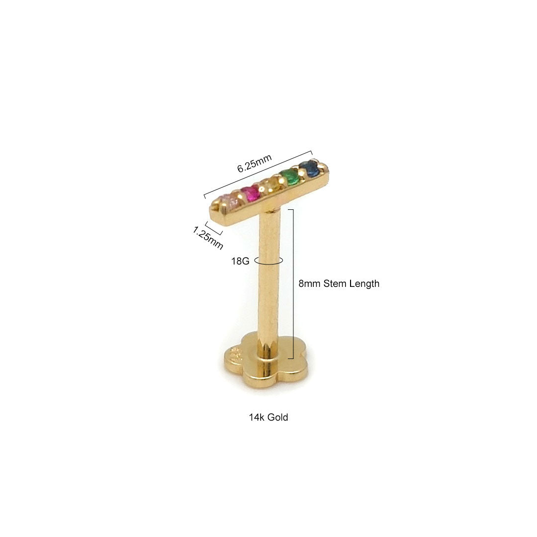 14k CZ Rainbow Bar Internal Threaded Stud