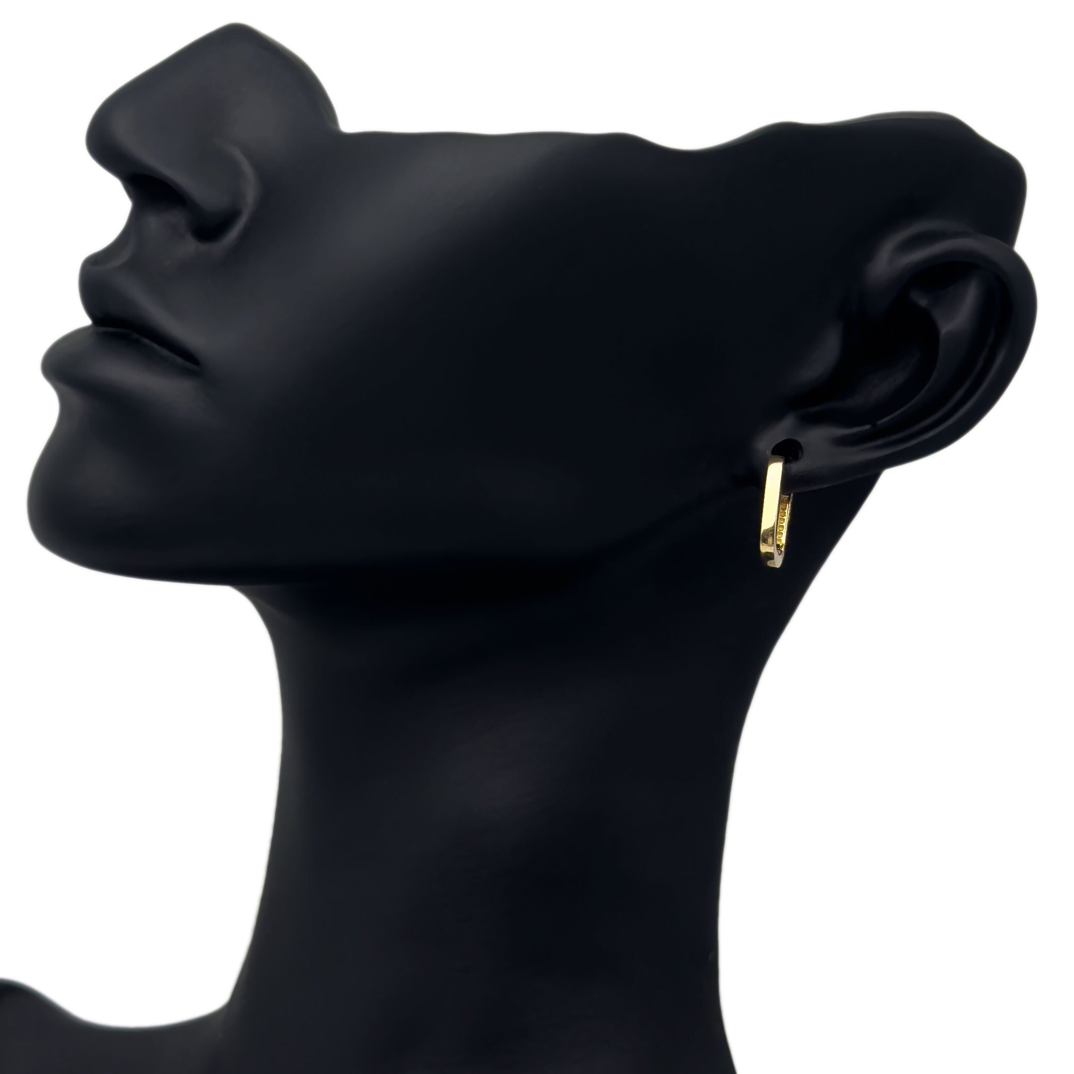 14k Yellow Gold Huggie Hoop Earrings - Rectangular on Black Mannequin Diplay