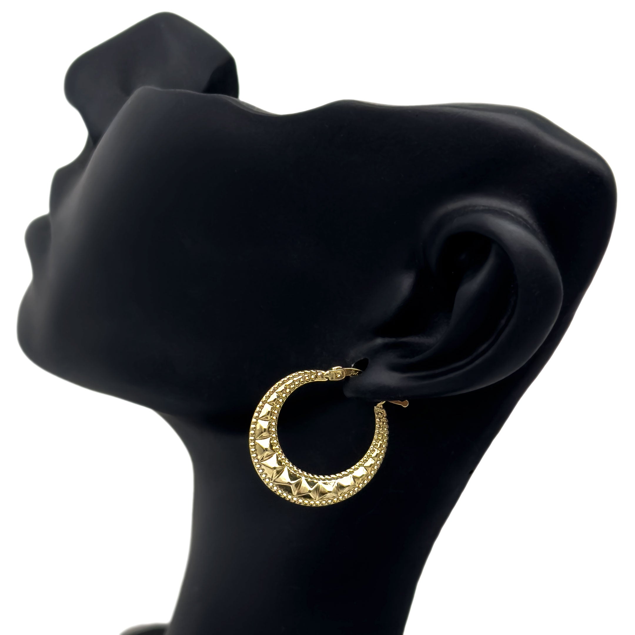 10k Gold Hoop Earrings with Rivet Spike & Milgrain Border Design on mannequin side view 