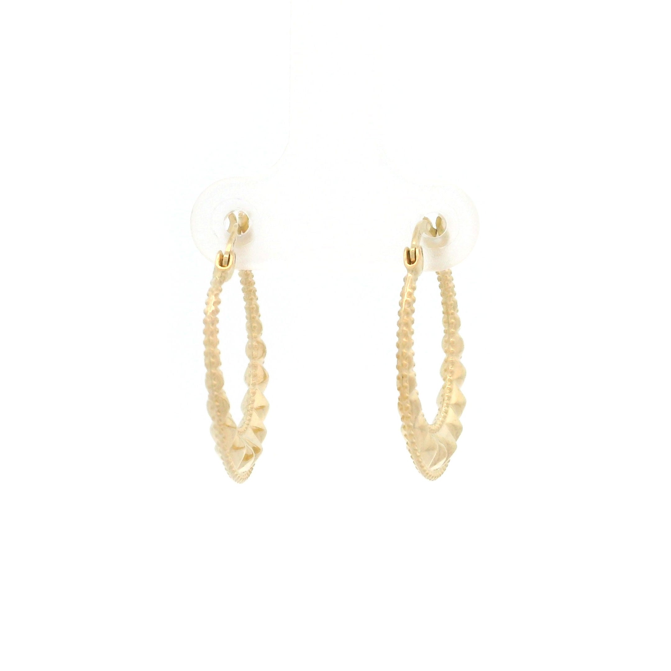 10k Gold Hoop Earrings with Rivet Spike & Milgrain Border Design on white background front view