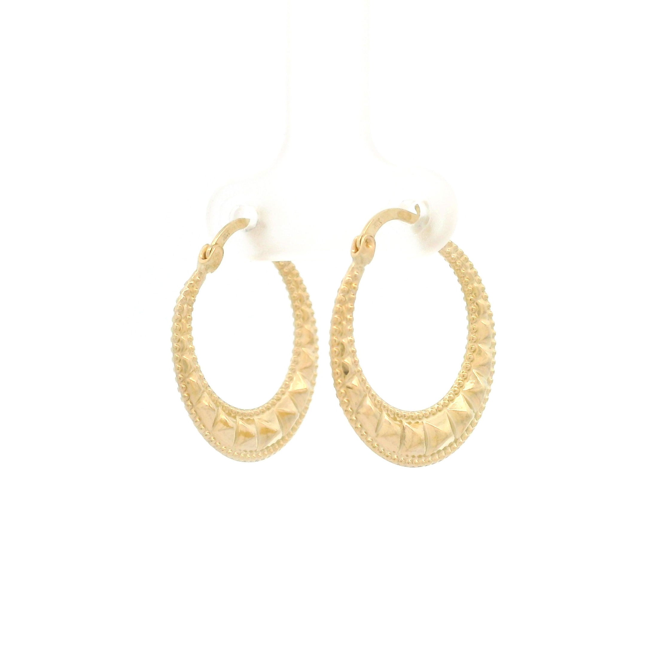 10k Gold Hoop Earrings with Rivet Spike & Milgrain Border Design on white background