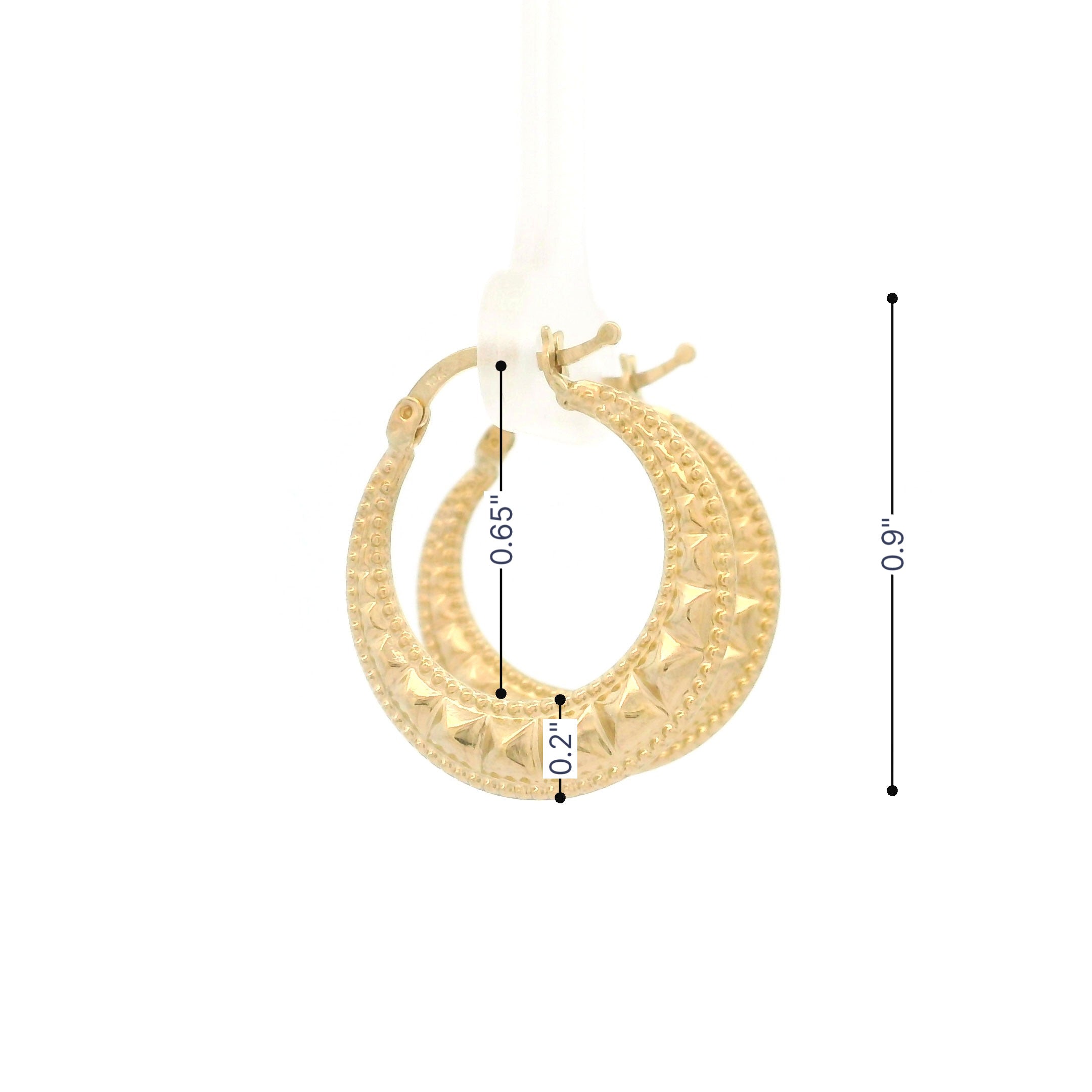 10k Gold Hoop Earrings with Rivet Spike & Milgrain Border Design on white background with measurements