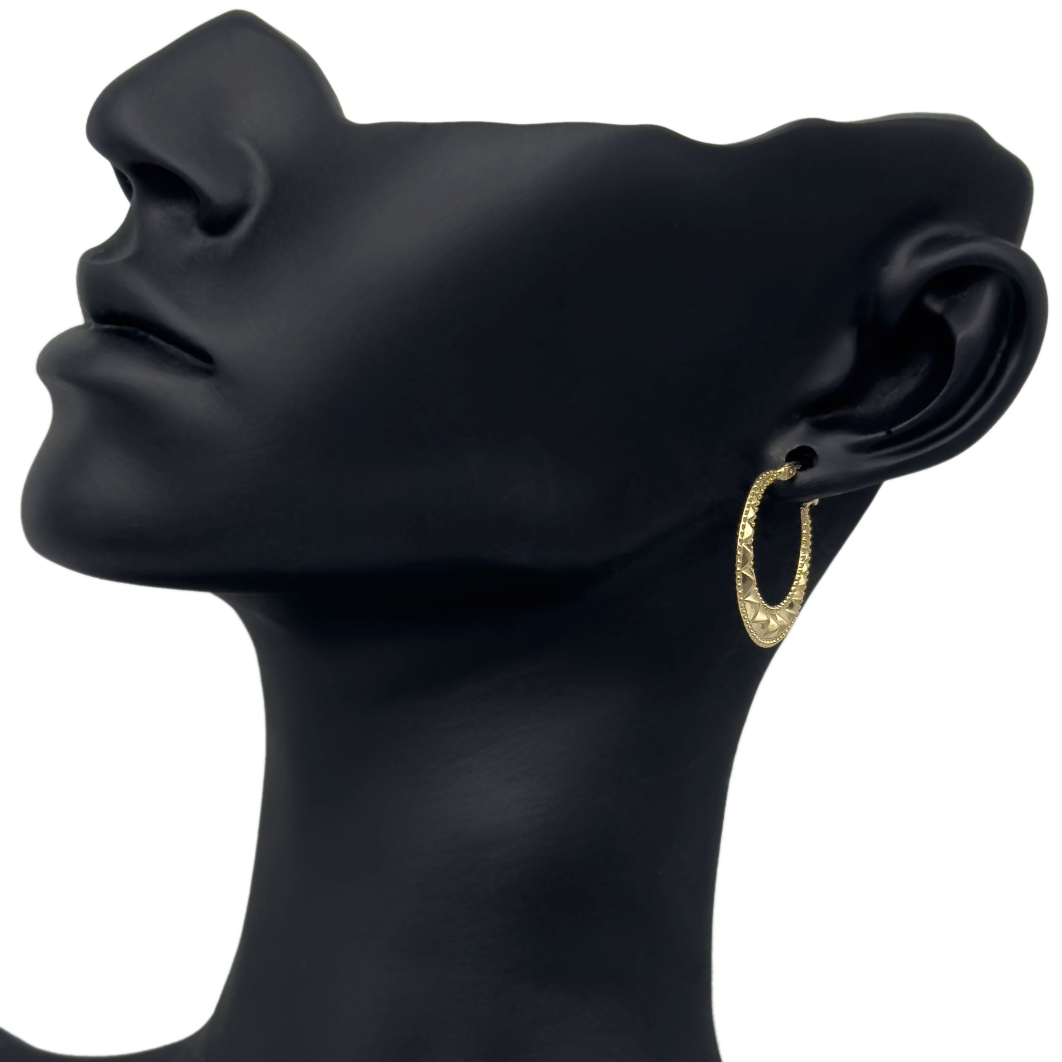 10k Gold Hoop Earrings with Rivet Spike & Milgrain Border Design on mannequin front view 