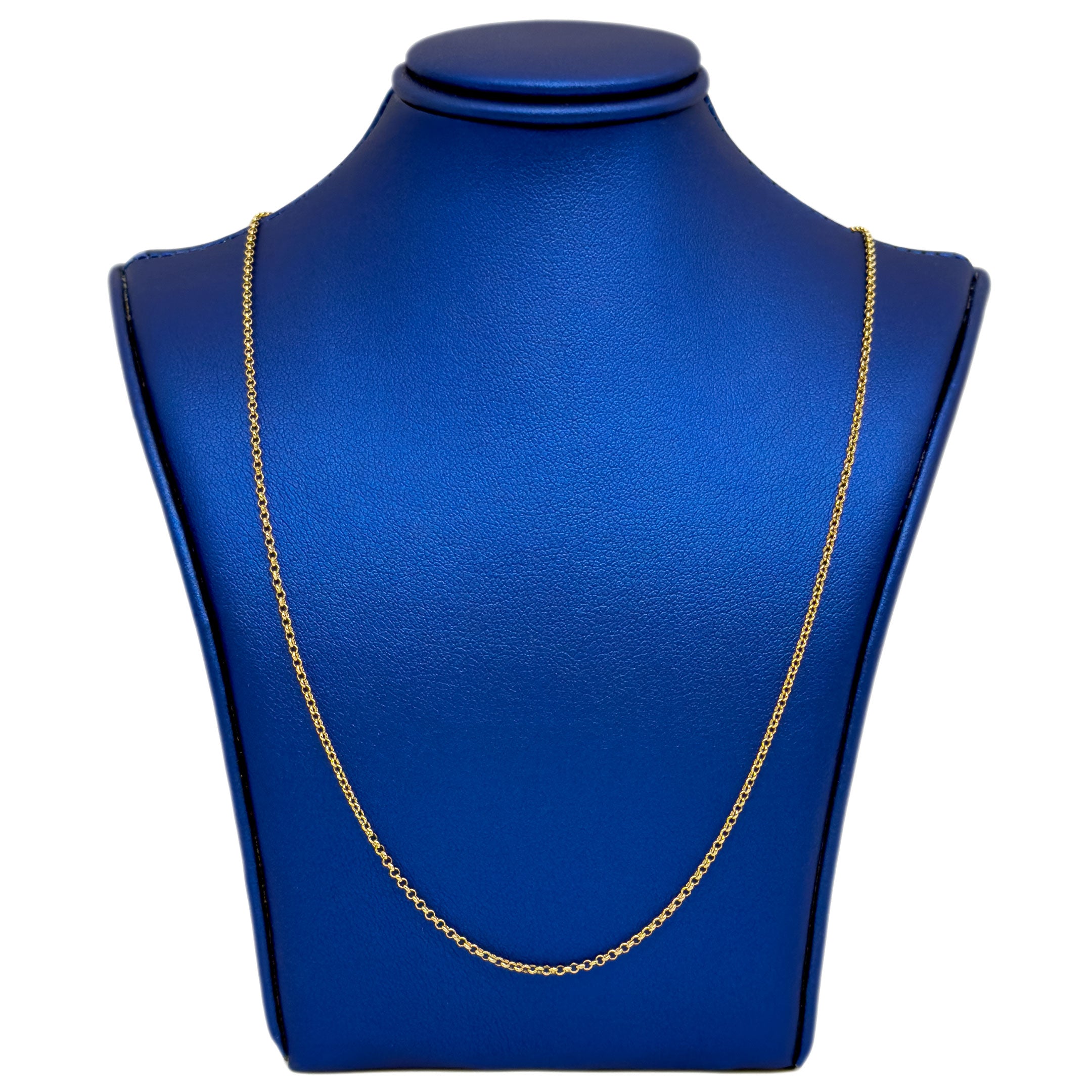 14k Yellow Gold Rolo Fine Chain 1.5mm on blue neck display