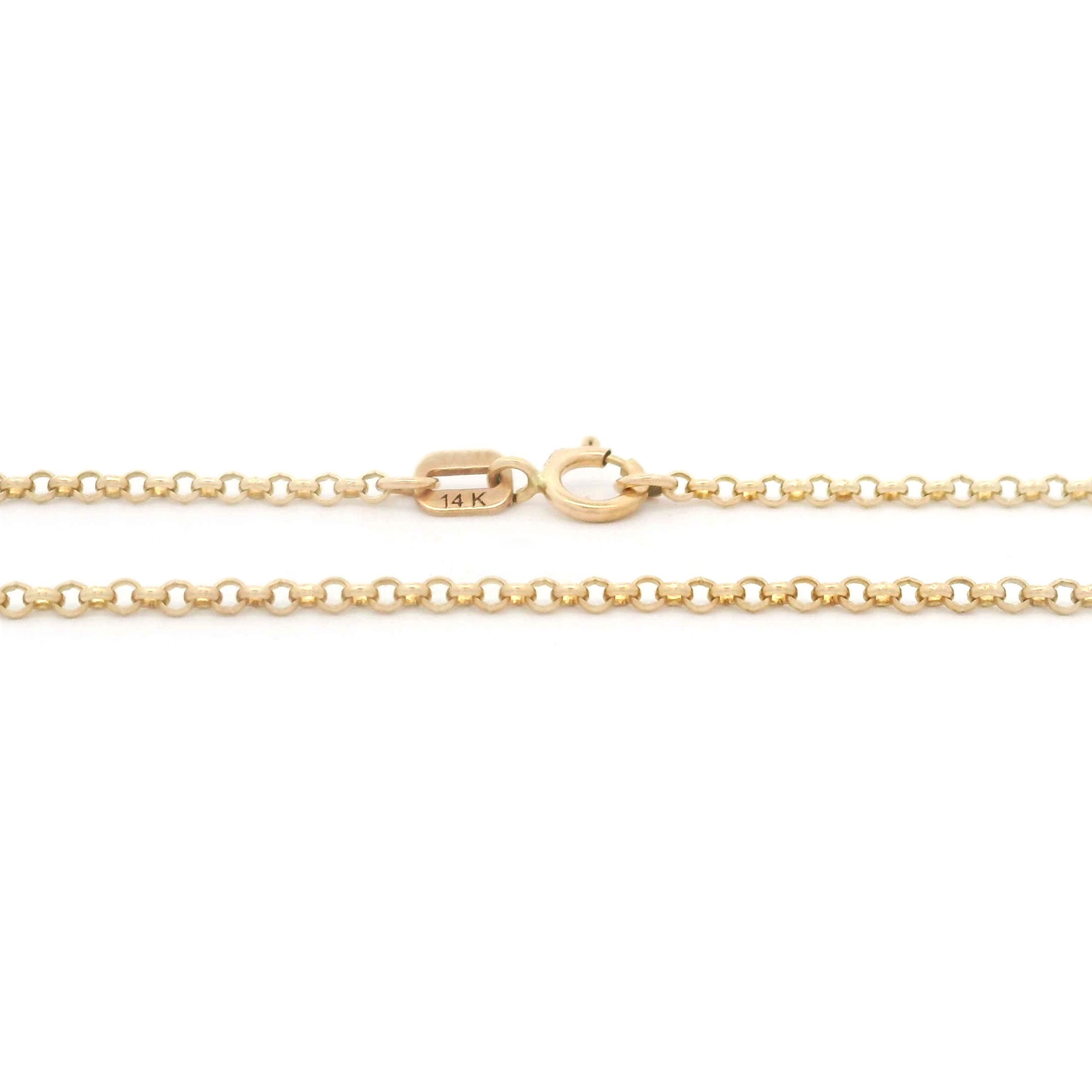 14k Yellow Gold Rolo Fine Chain 1.5mm on white background spring ring lock