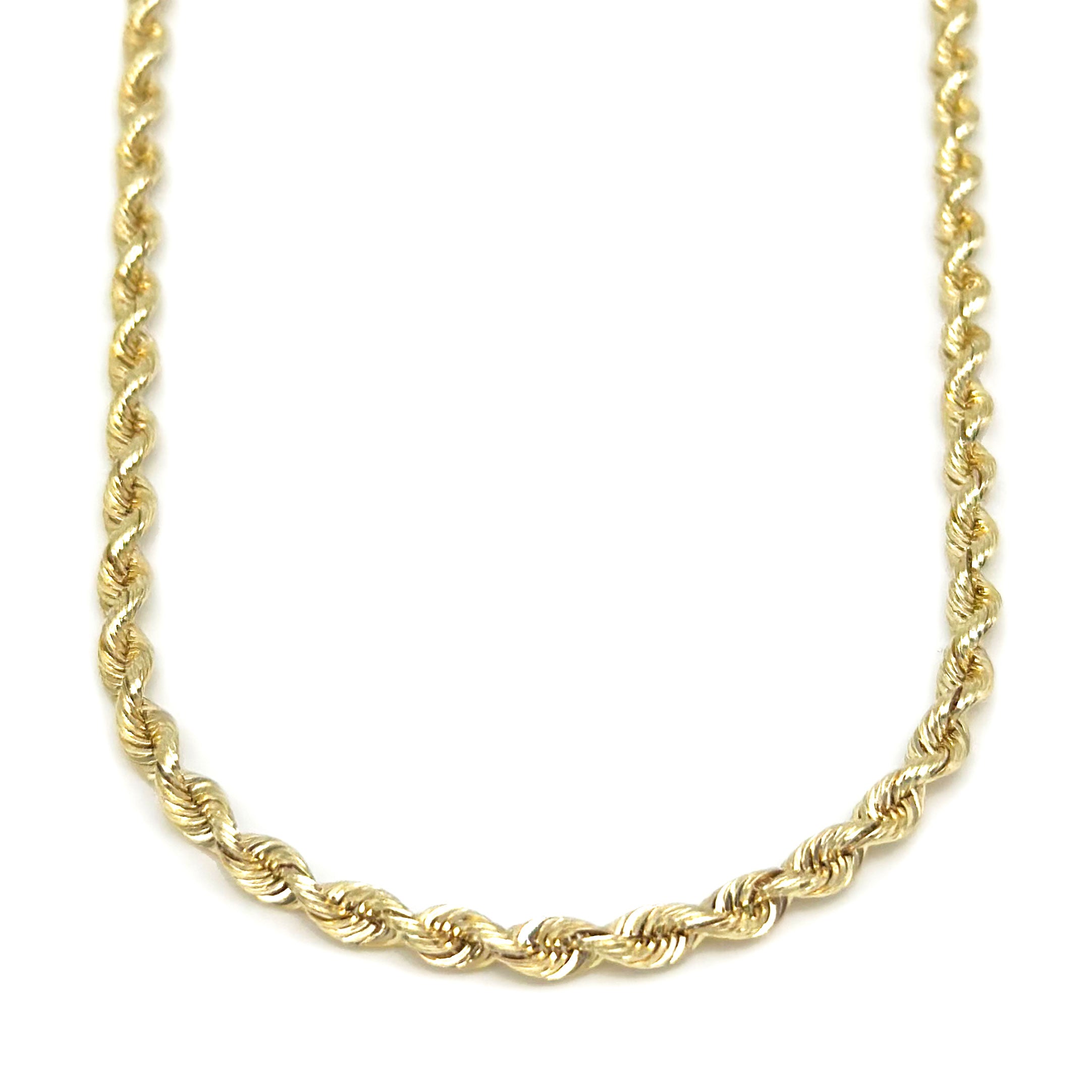 Semi solid 10k yellow gold rope chain 3mm width on a white background