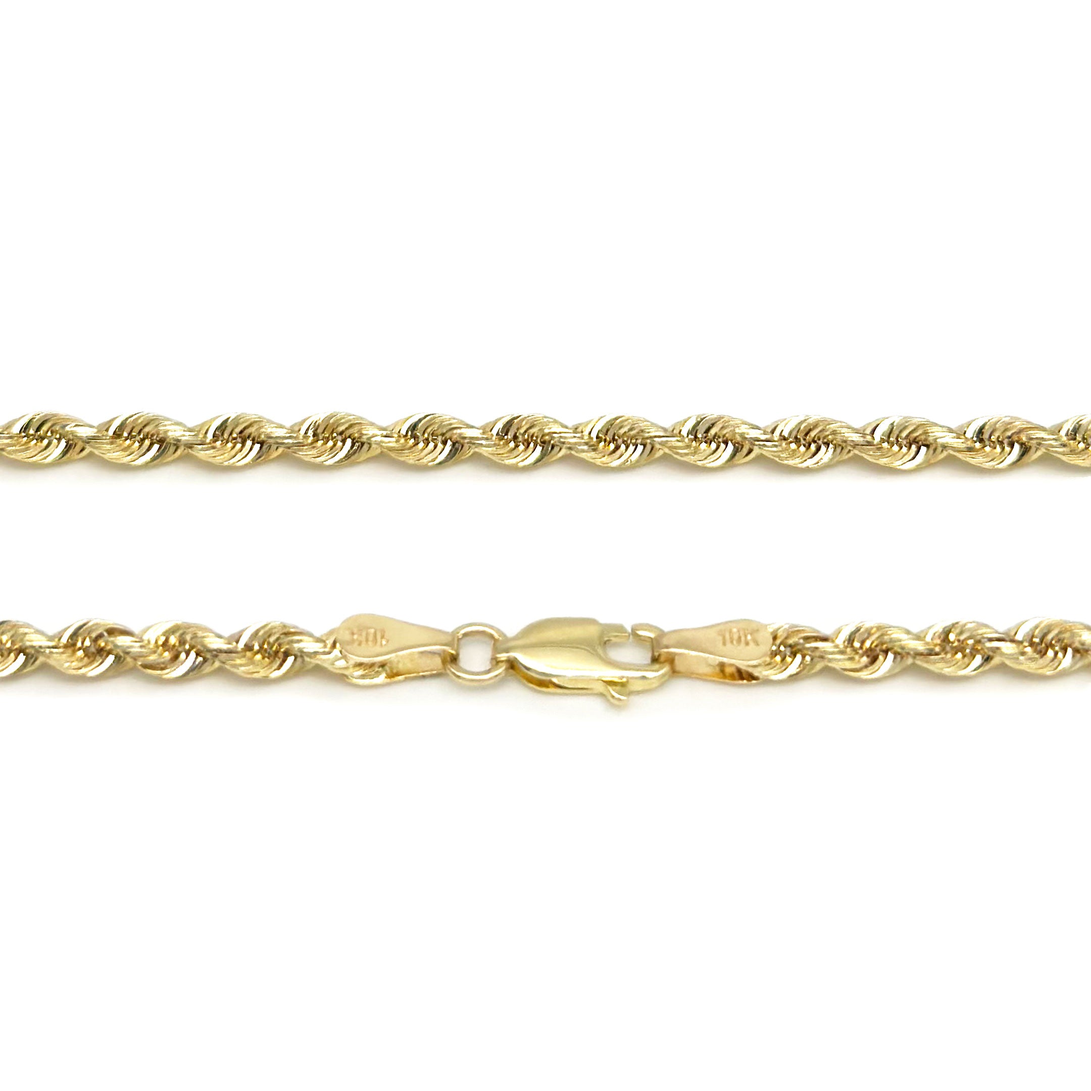 Semi solid 10k yellow gold rope chain 3mm width on a white background close up of lobster lock and link