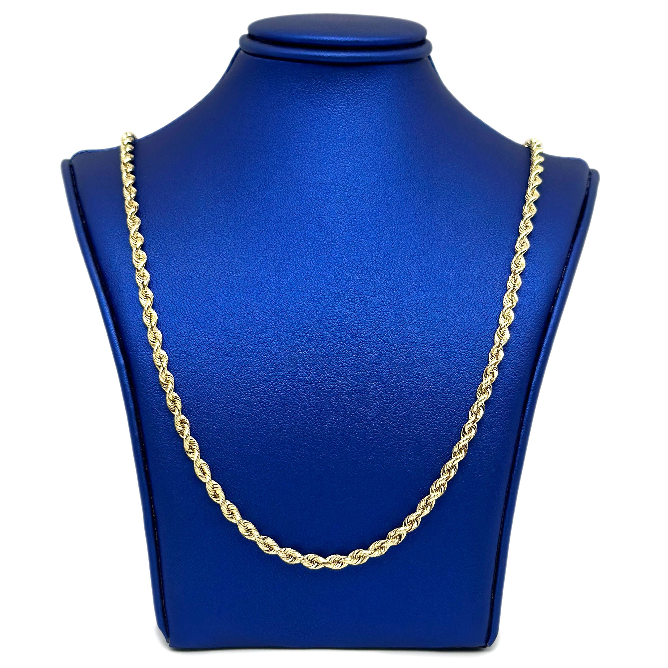 Semi solid 10k yellow gold rope chain 3mm width on a blue neck display