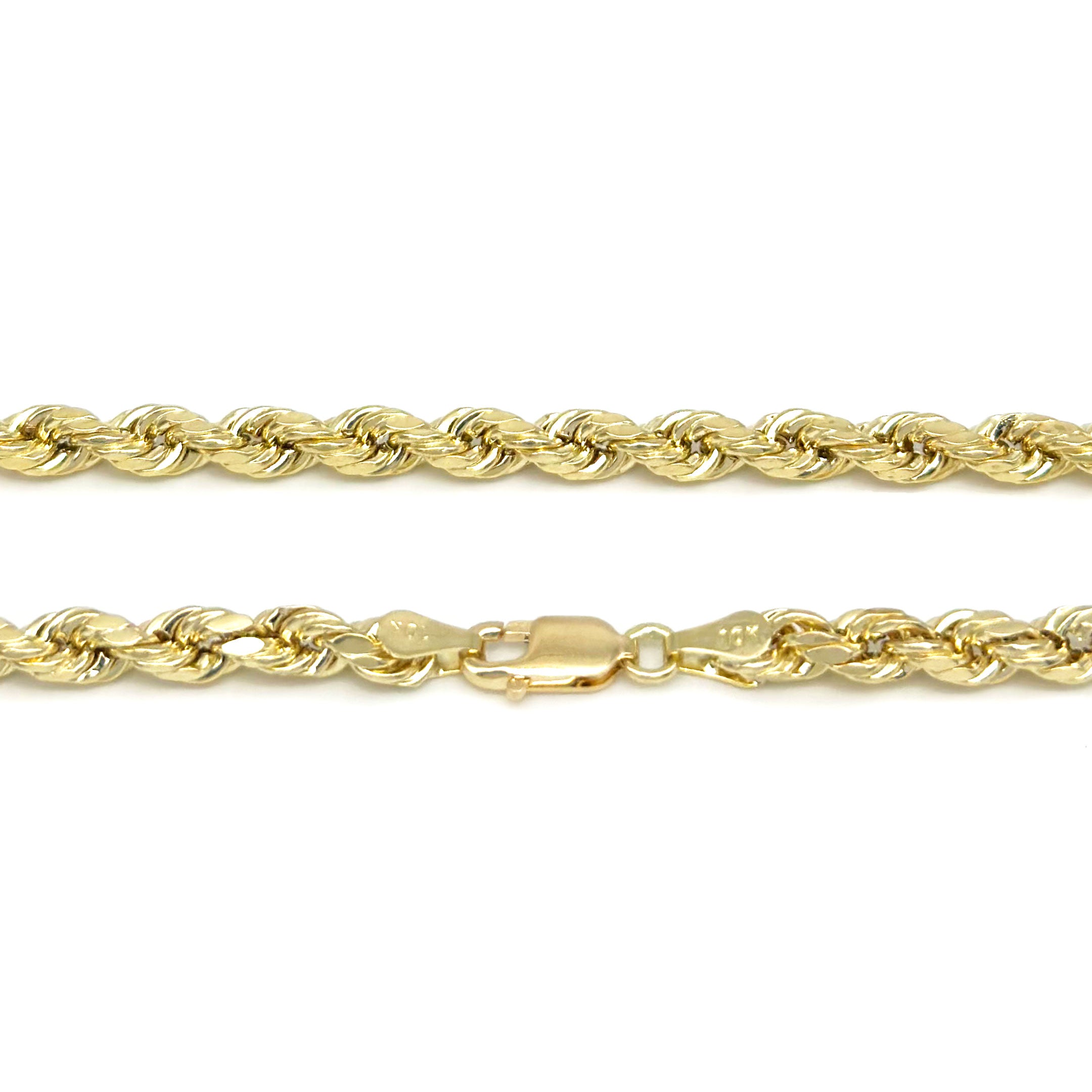 10k yellow gold rope chain 4mm lobster lock view on white background