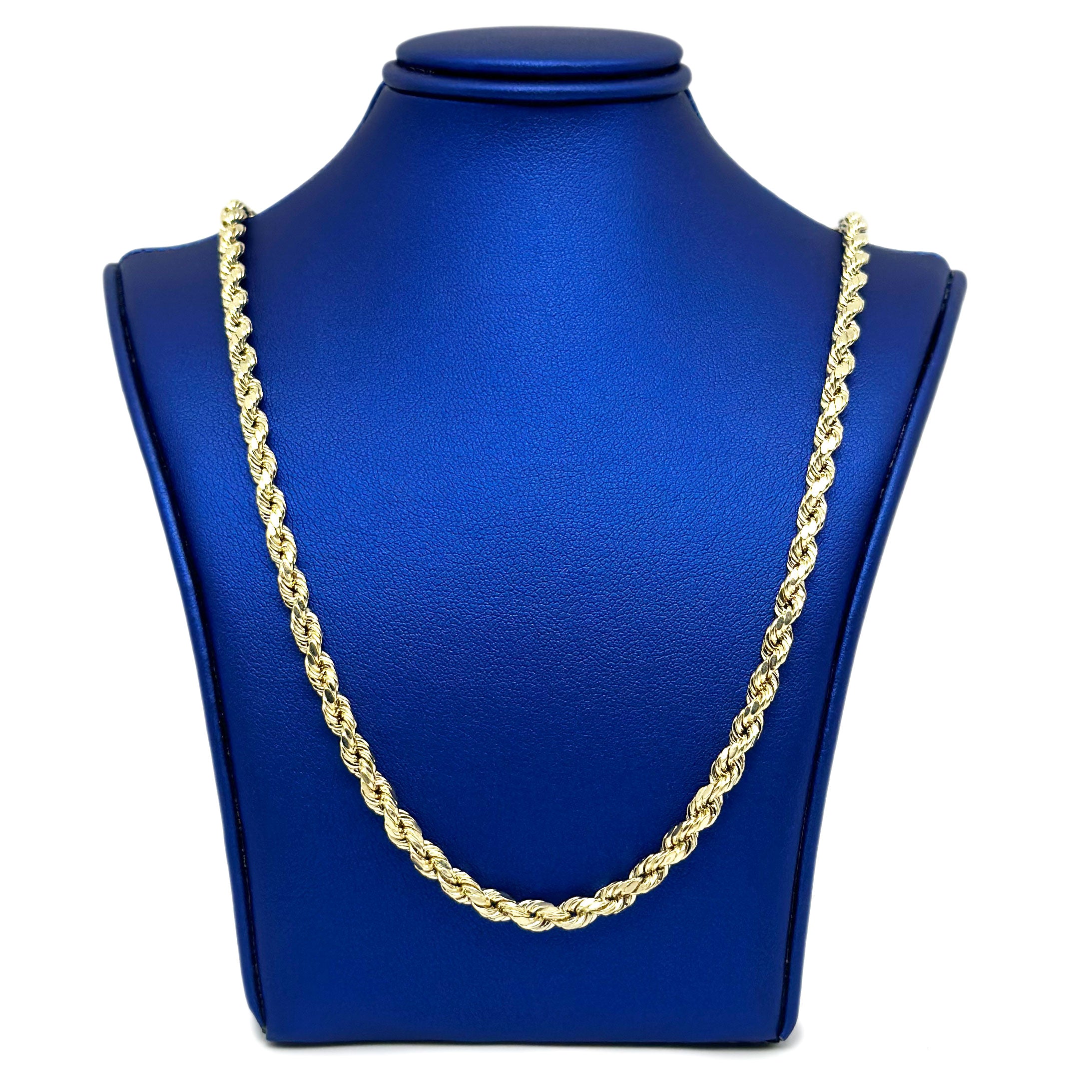 10k yellow gold rope chain 4mm on a blue neck display