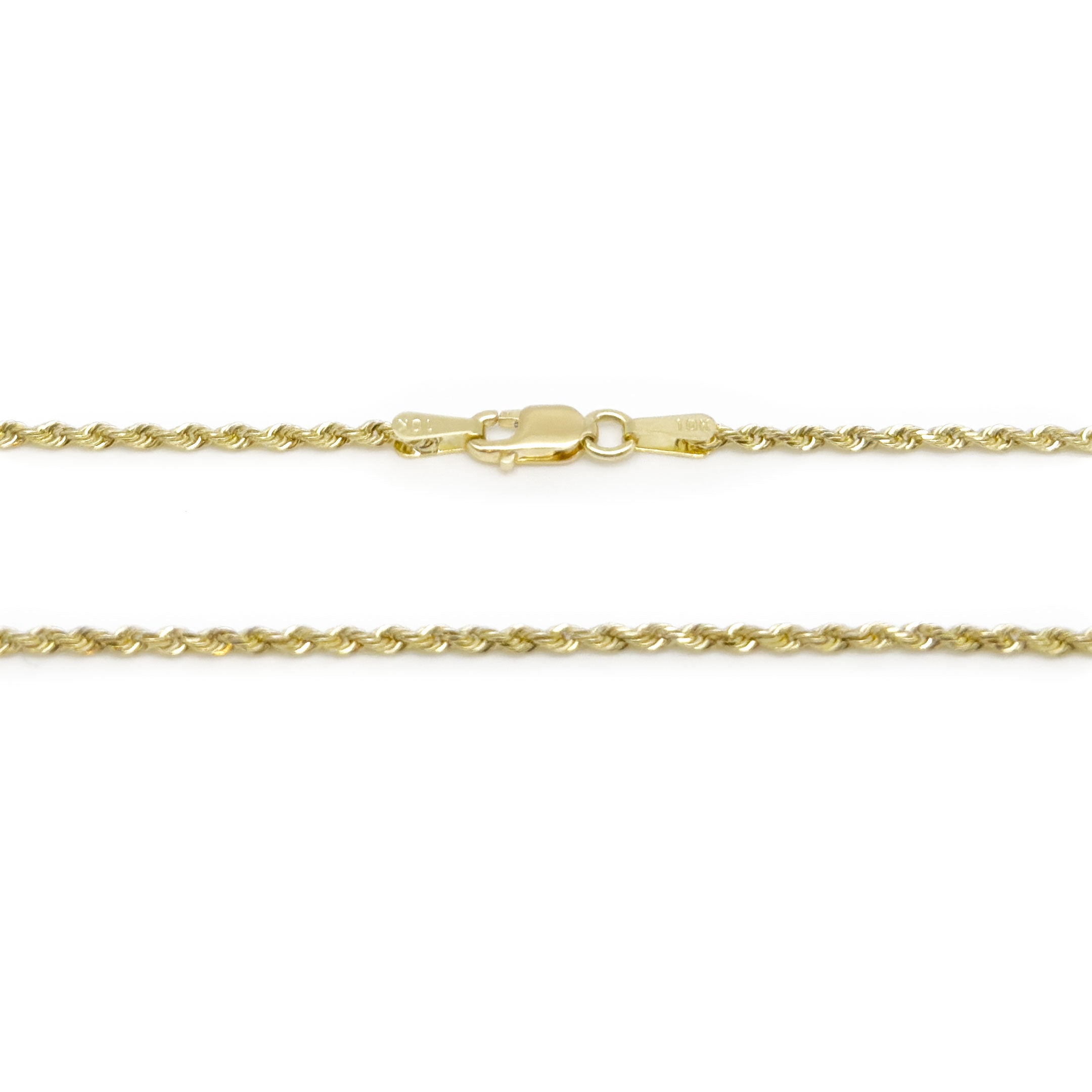 10k Yellow Gold Solid Rope Chain 1.5mm on a white background close up lobster lock