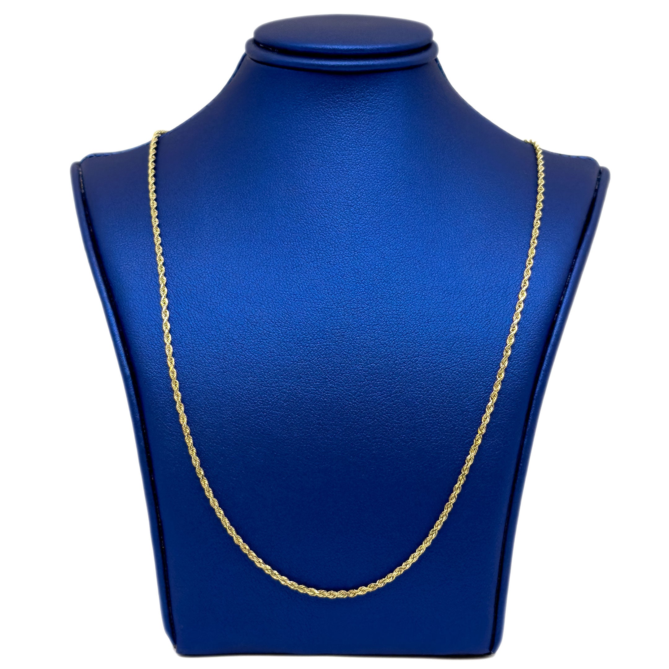 10k Yellow Gold Solid Rope Chain 1.5mm on a blue mannequin neck display