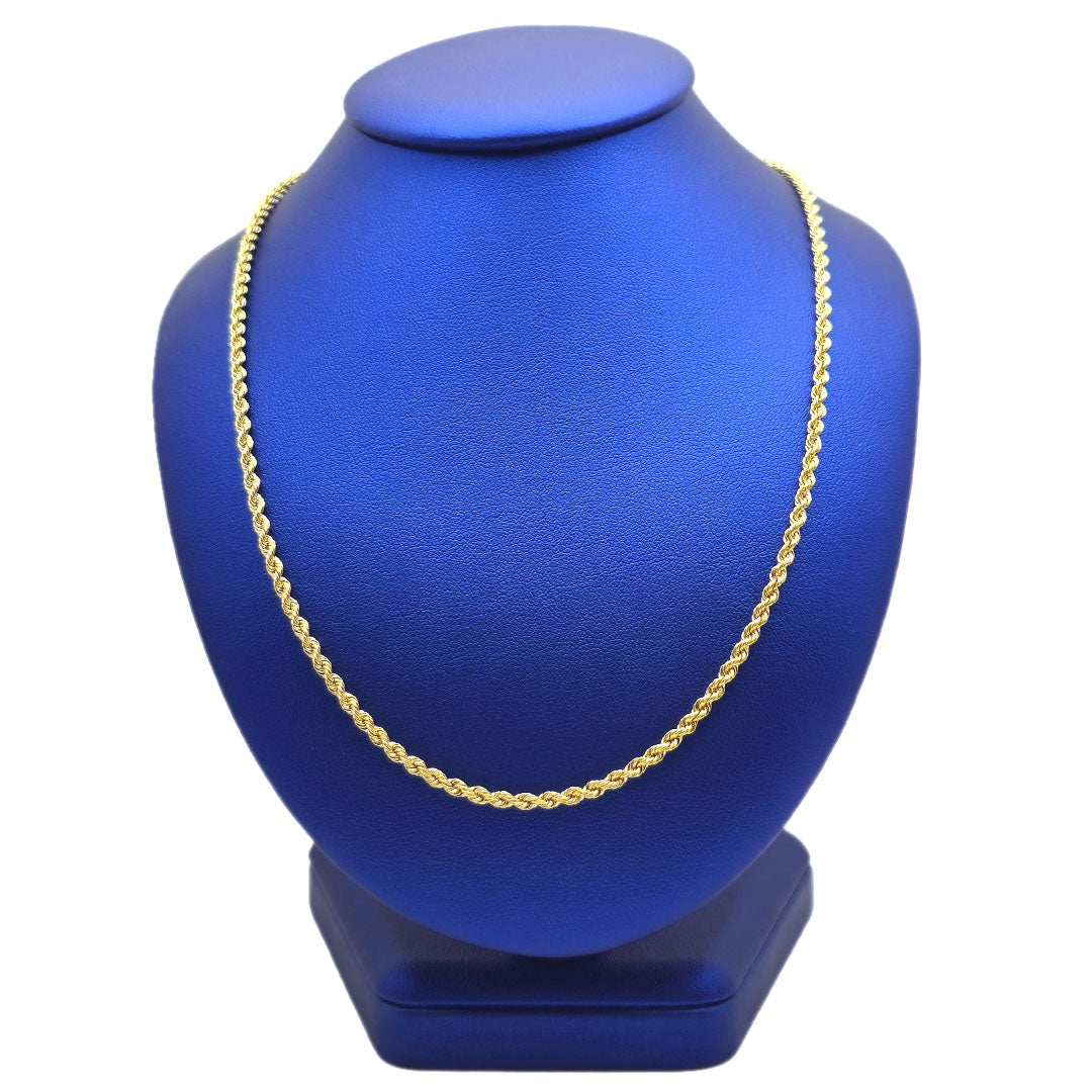 10k Hollow Rope Chain 2.5mm on Blue Neck Jewelry Display