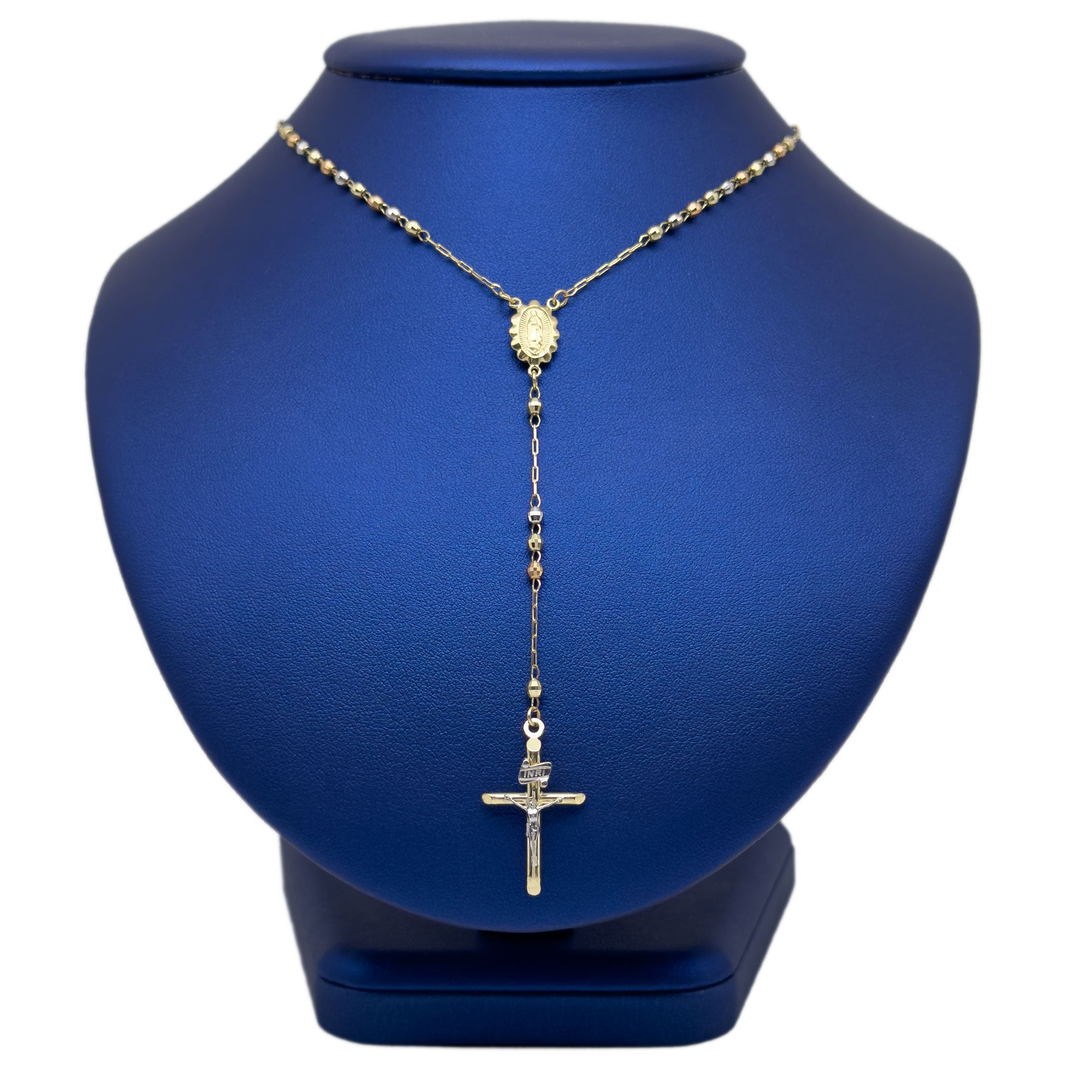 Solid 14k Tri-color Gold Rosary Necklace on a Blue Neck Jewelry Display